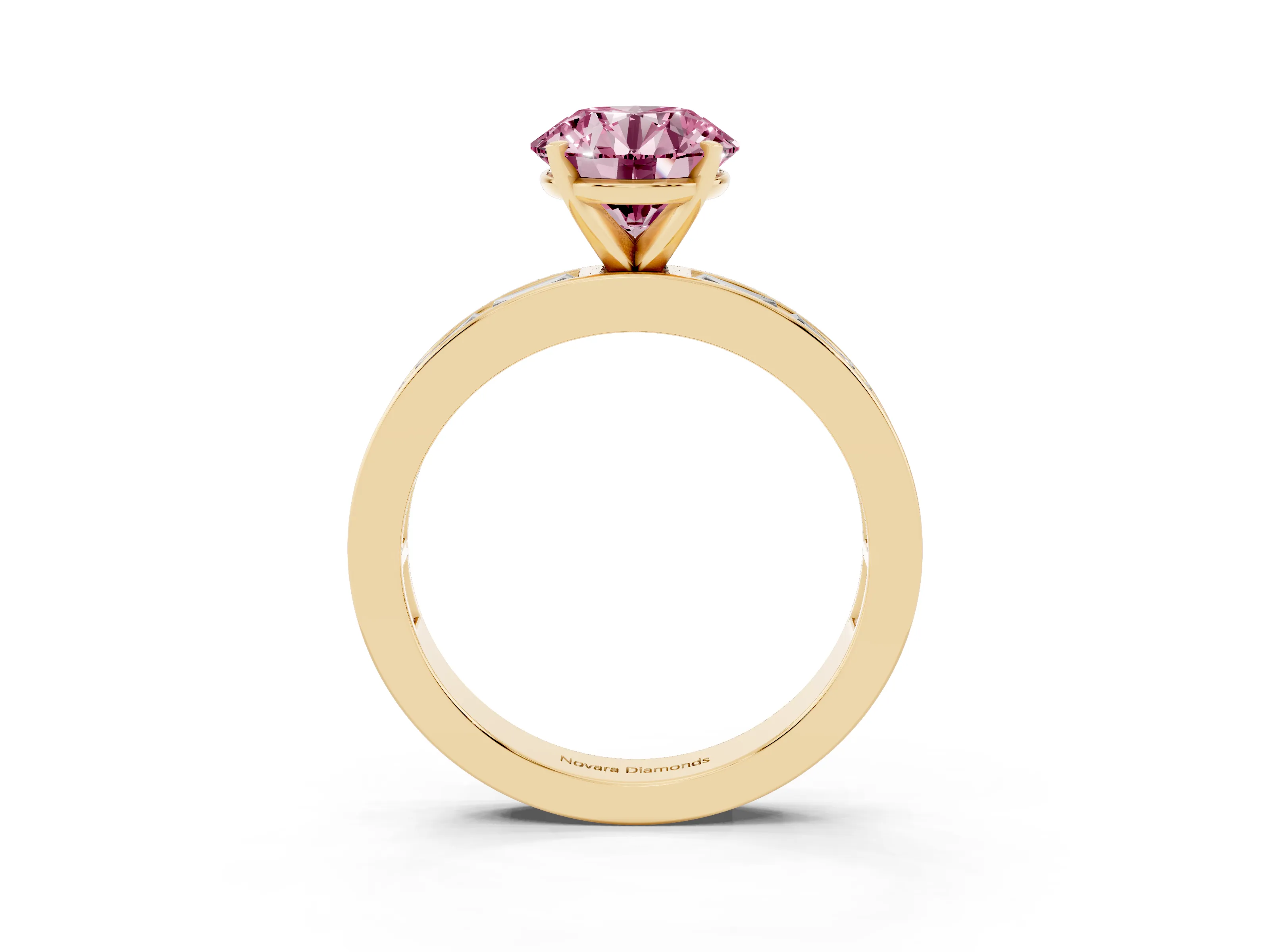 Fancy Pink Round Cut Diamond Solitaire Ring Set in Yellow gold with Channel-Set Baguette Band and Prong Setting