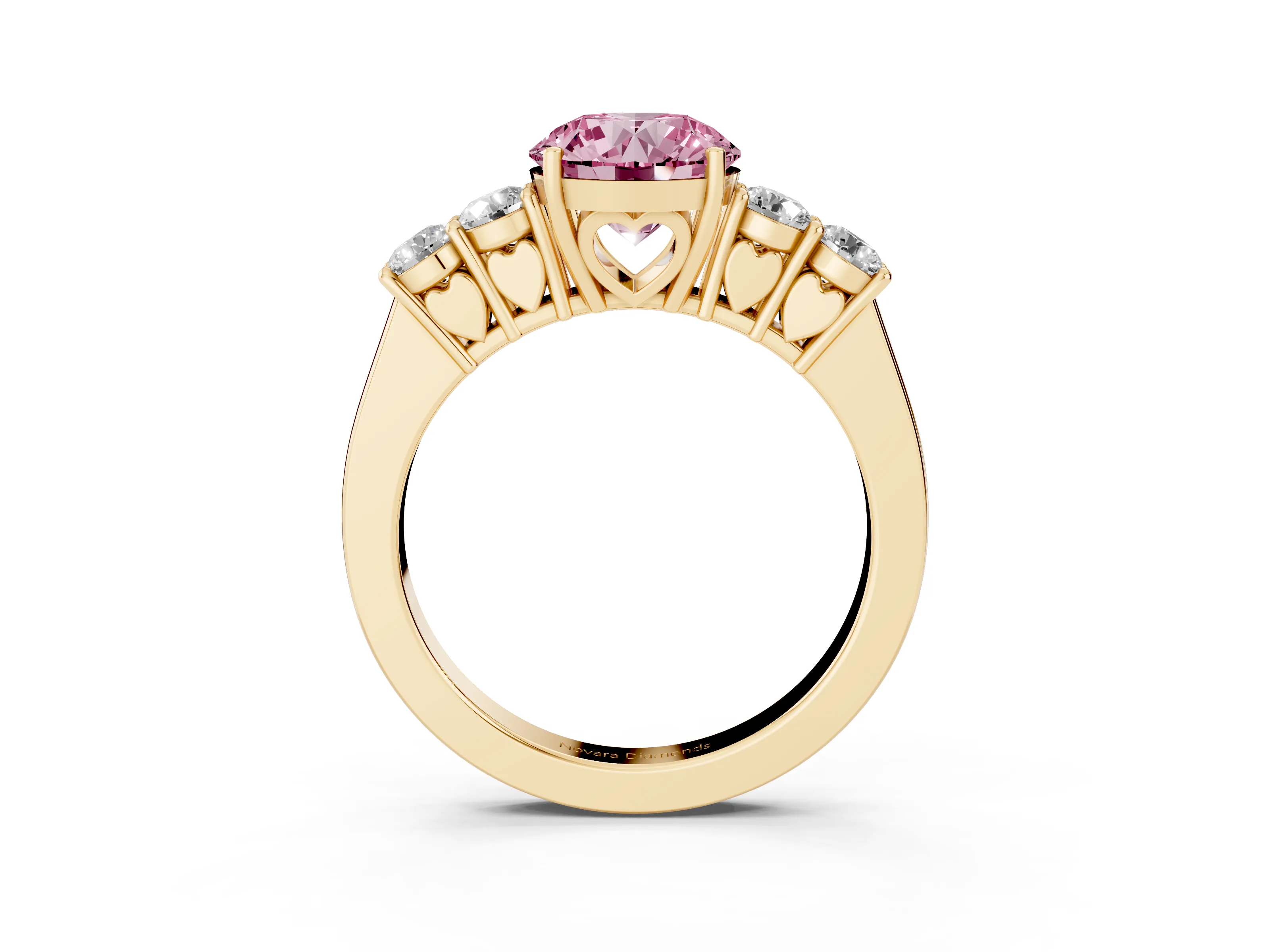 Fancy Pink Round Cut Diamond Five-Stone Prong Set Band Ring Set in Yellow gold with Polished Band
