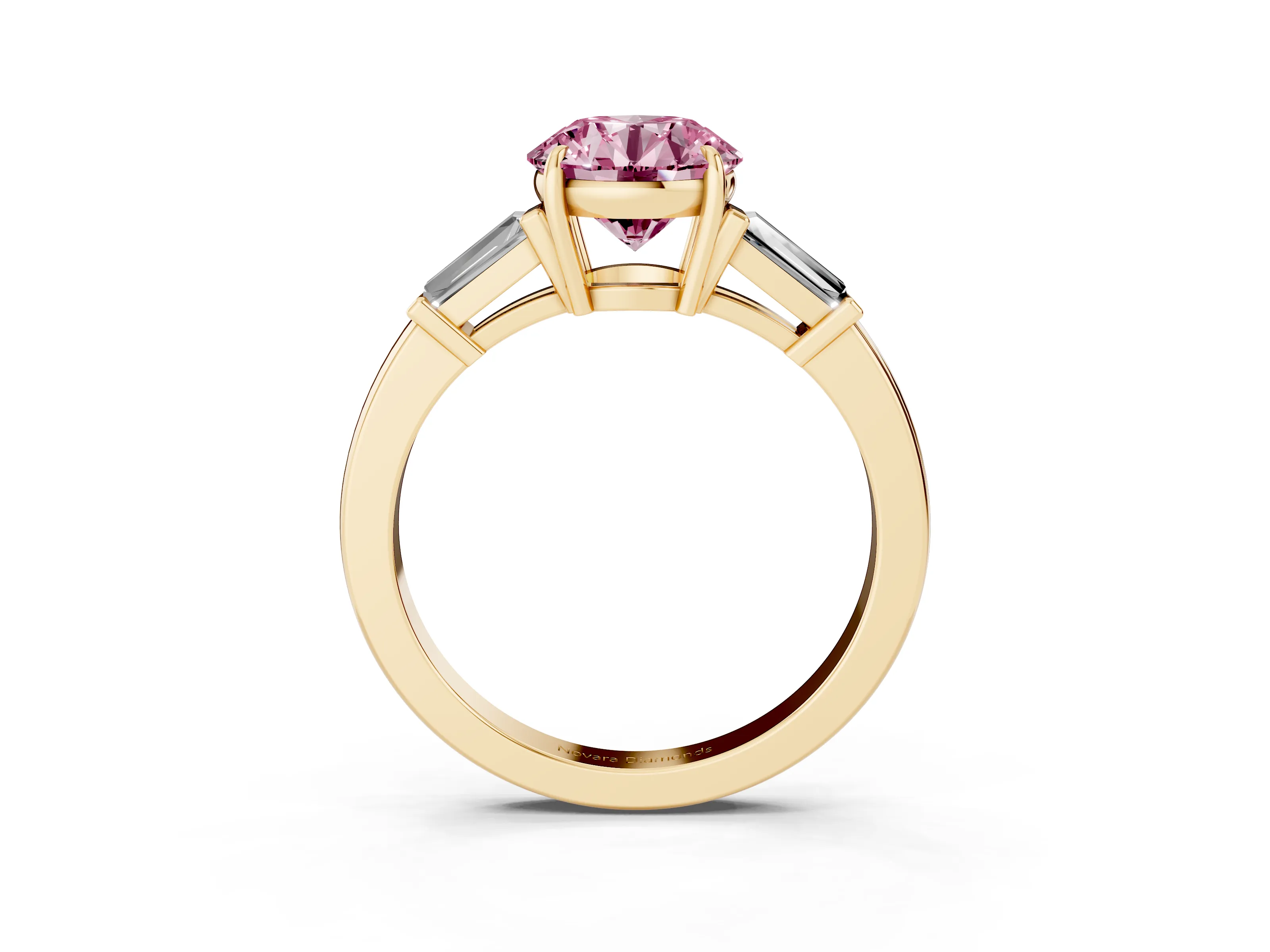 Fancy Pink Round Cut Diamond Three-Stone Ring Set in Yellow gold with Tapered Baguette Side Stones and Prong Setting