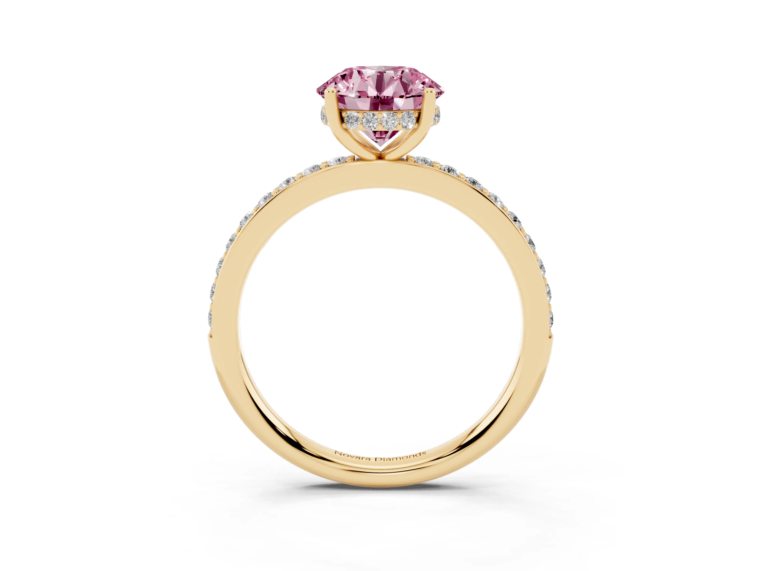Fancy Pink Round Cut Diamond Pavé Band Ring Set in Yellow gold with Prong-Set Center Stone