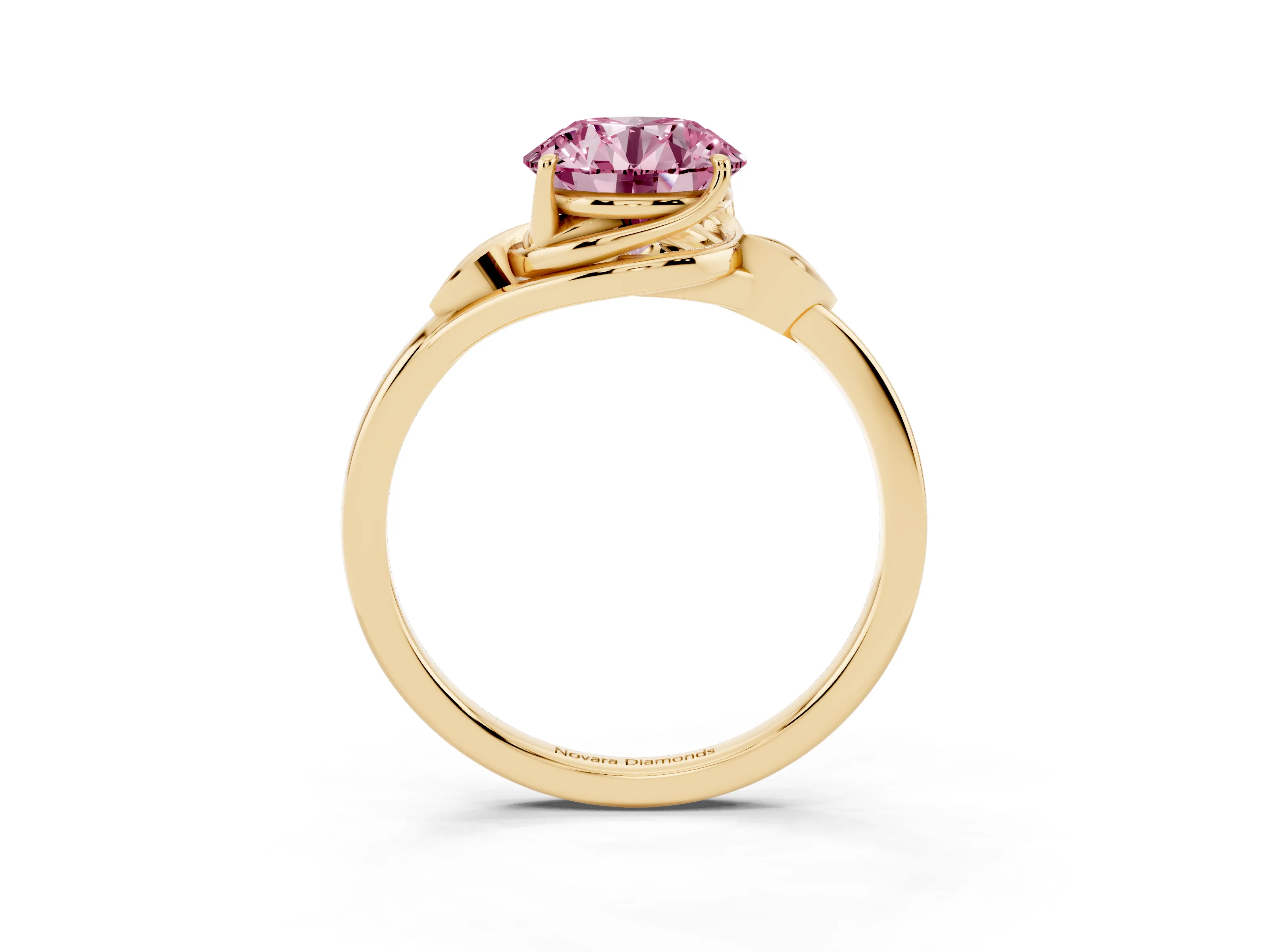 Fancy Pink Round Cut Diamond Solitaire Ring Set in Yellow gold with Polished Twist Band