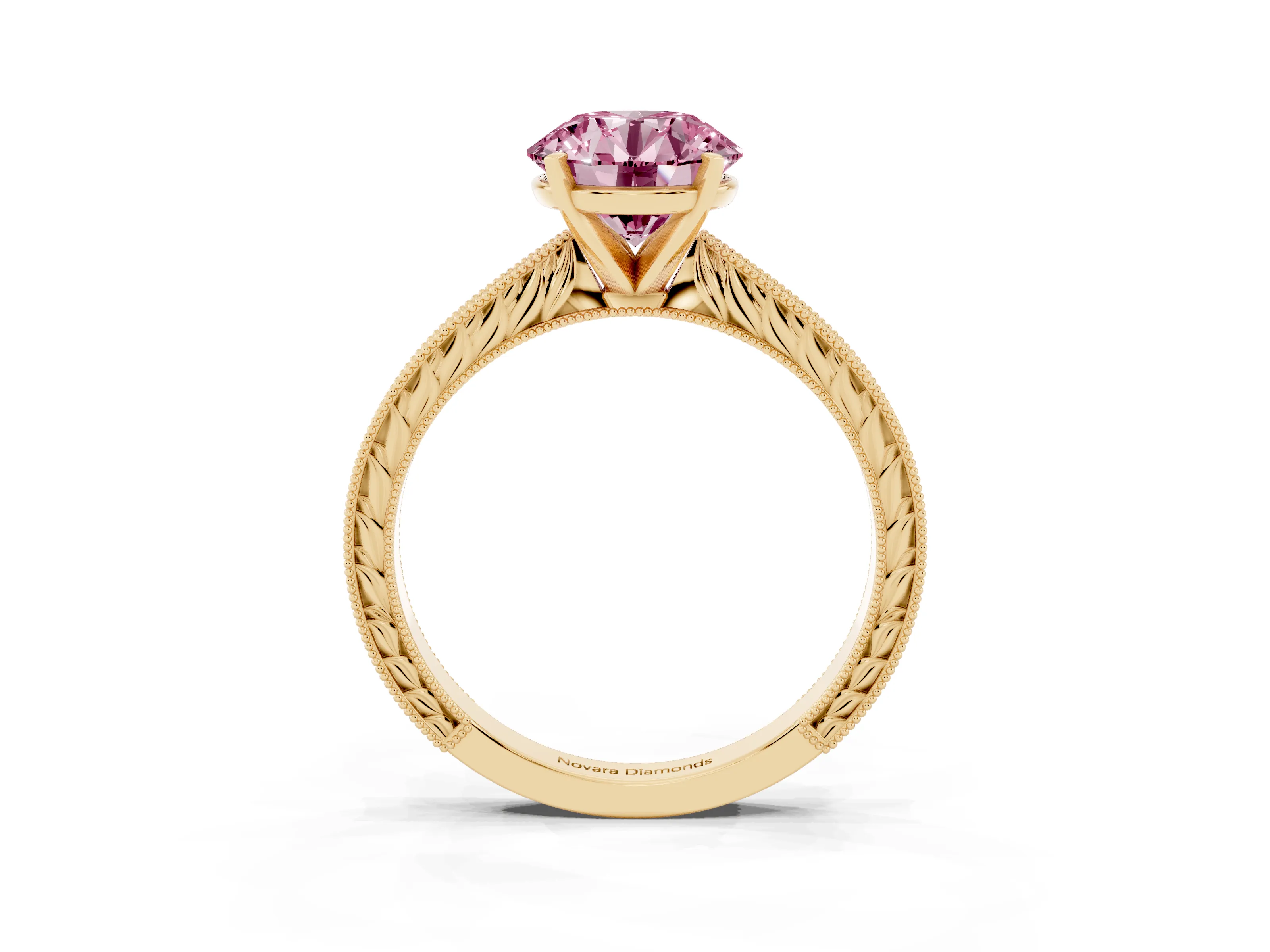Fancy Pink Round Cut Diamond Solitaire Milgrain Engraved Band Set in Yellow gold with Prong Setting
