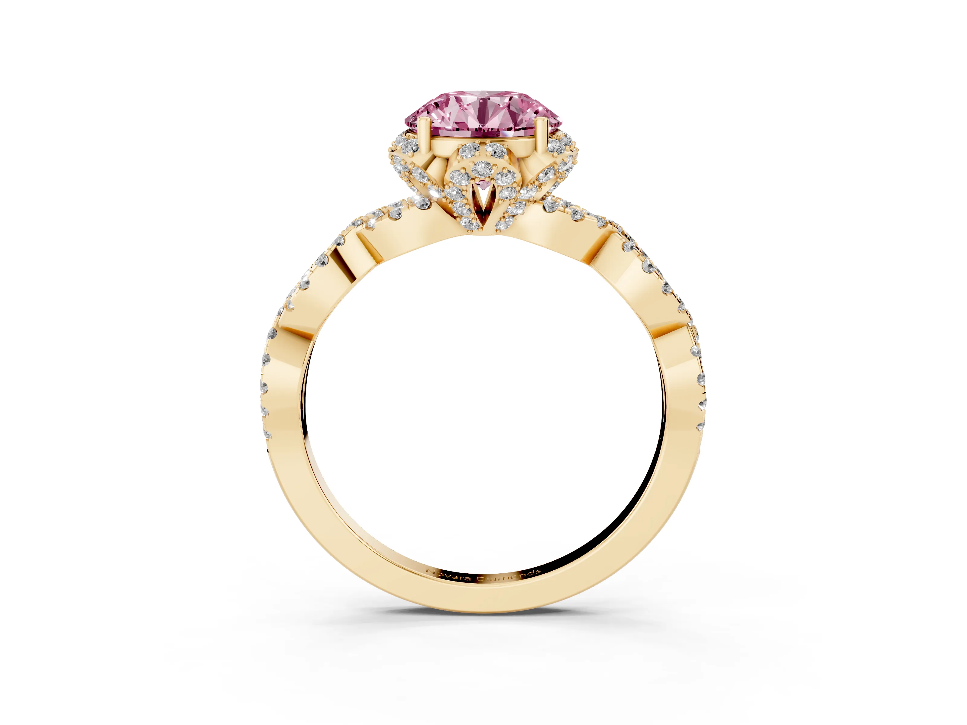 Fancy Pink Round Cut Diamond Halo Twist Band Solitaire Ring Set in Yellow gold with Prong-Set Center Stone