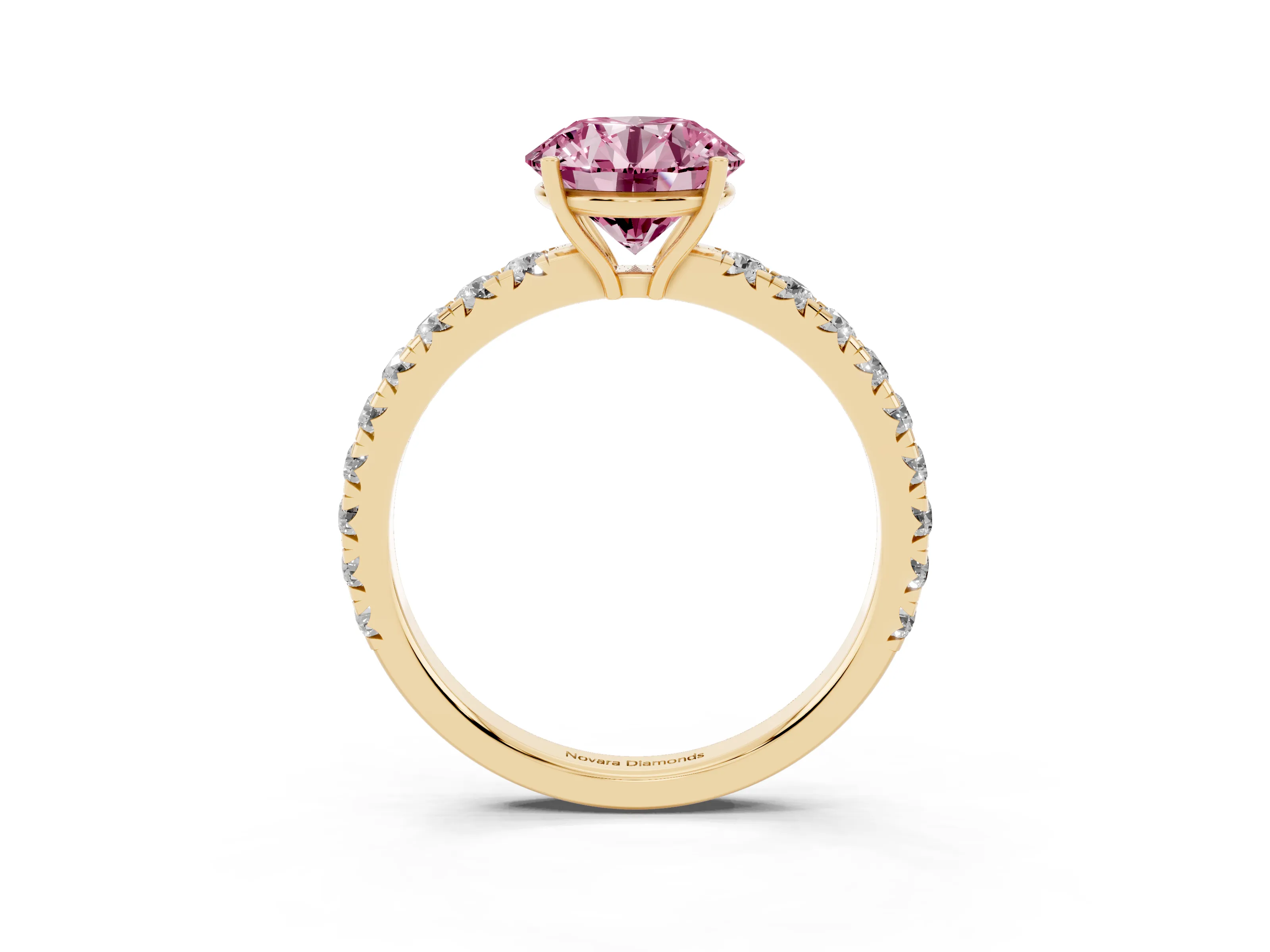 Fancy Pink Round Cut Diamond Pavé Solitaire Engagement Ring Set in Yellow gold with Prong Setting