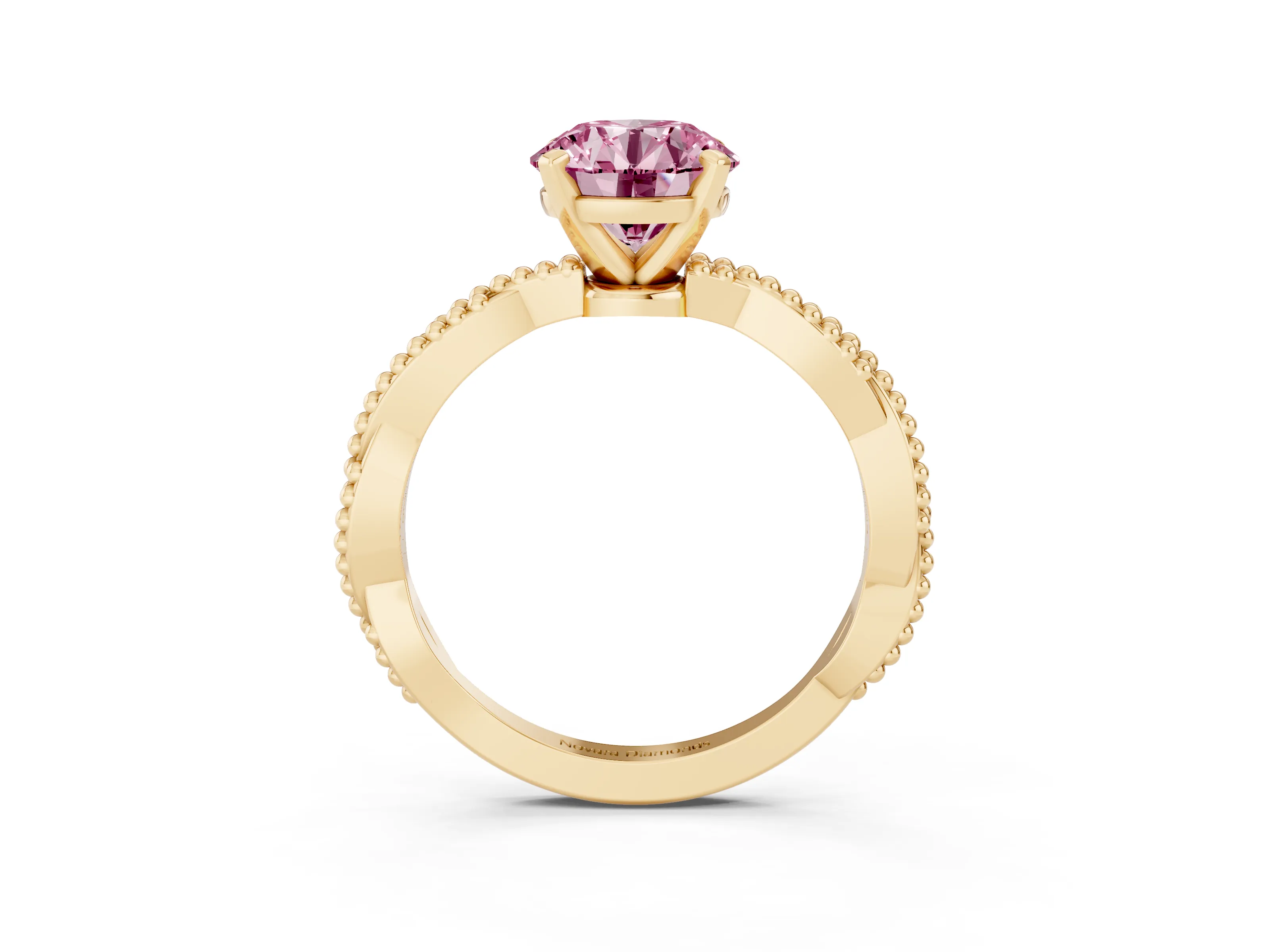 Fancy Pink Round Cut Diamond Solitaire Ring Set in Yellow gold with Twisted Band and Bead Prong Setting