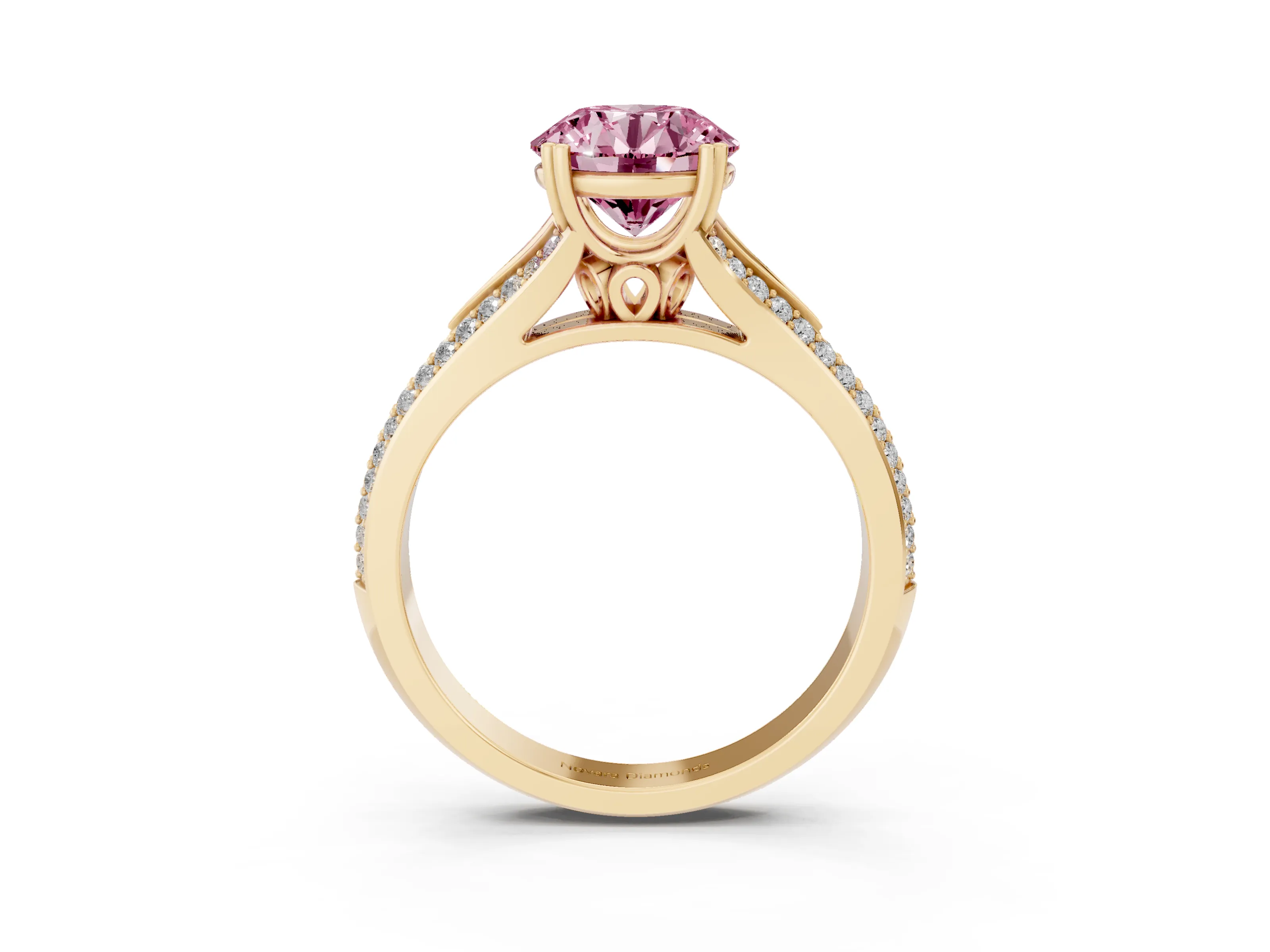 Fancy Pink Round Cut Diamond Split Shank Pavé Engagement Ring Set in Yellow gold with Prong-Set Center Stone