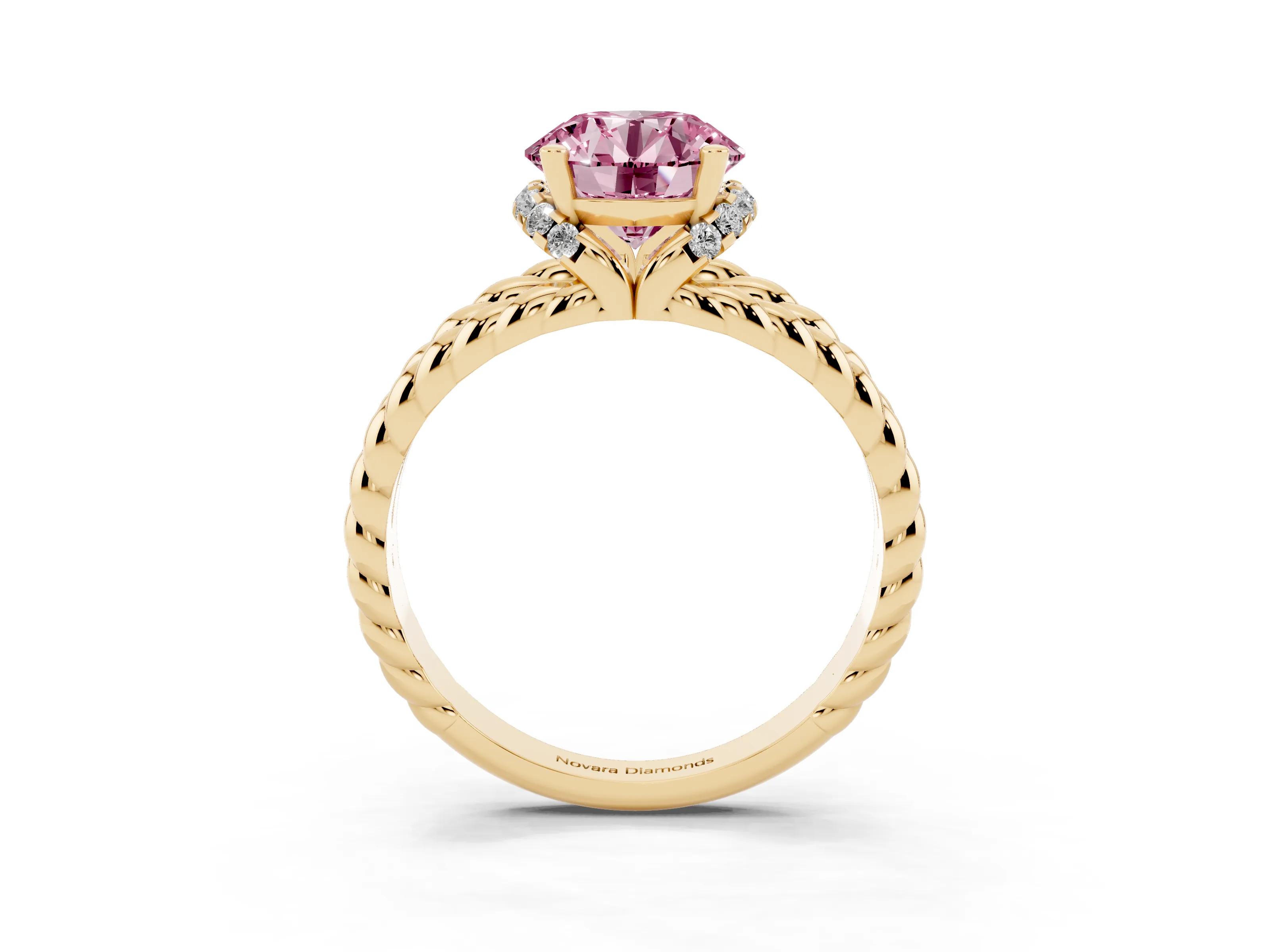 Fancy Pink Round Cut Diamond Halo Ring Set in Yellow gold with Twisted Band and Prong Setting