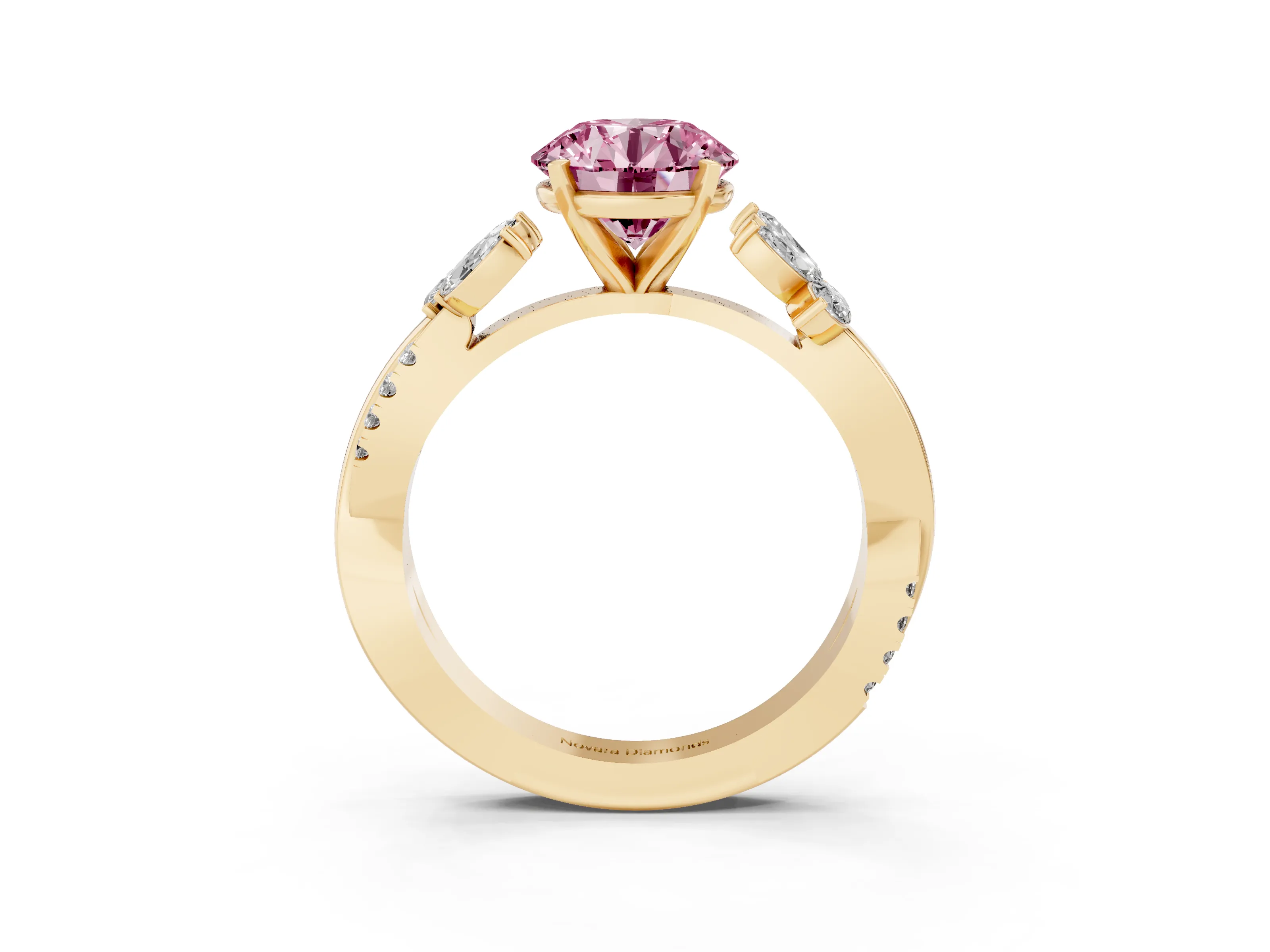 Fancy Pink Round Cut Diamond Floral Vine Solitaire Engagement Ring Set in Yellow gold with Marquise Leaves