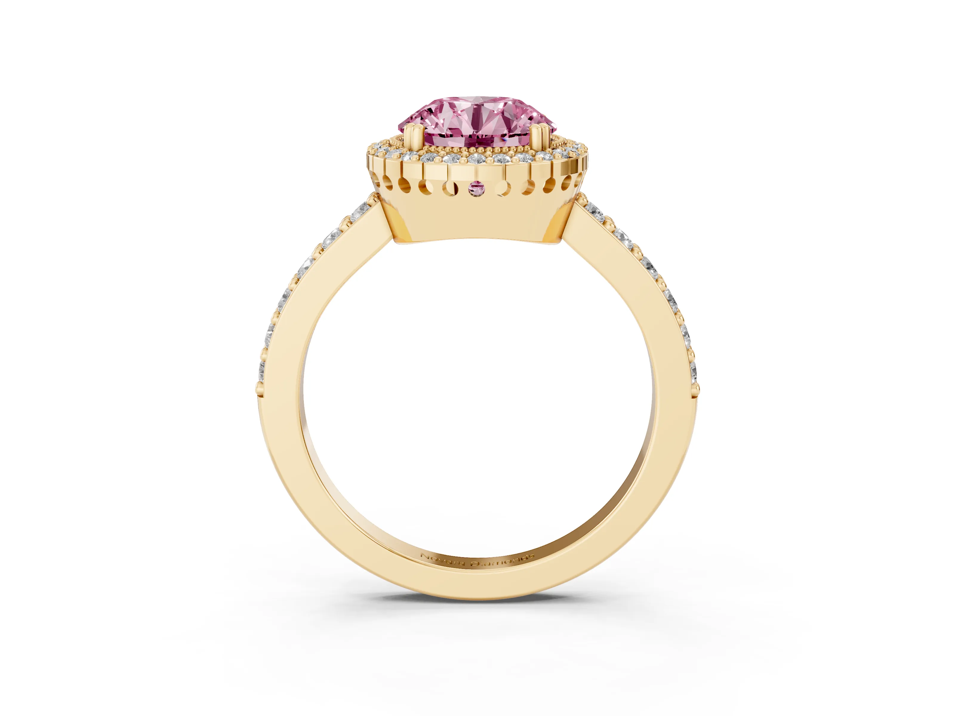 Fancy Pink Round Cut Diamond Halo Engagement Ring Set in Yellow gold with Milgrain Detail and Pavé Band