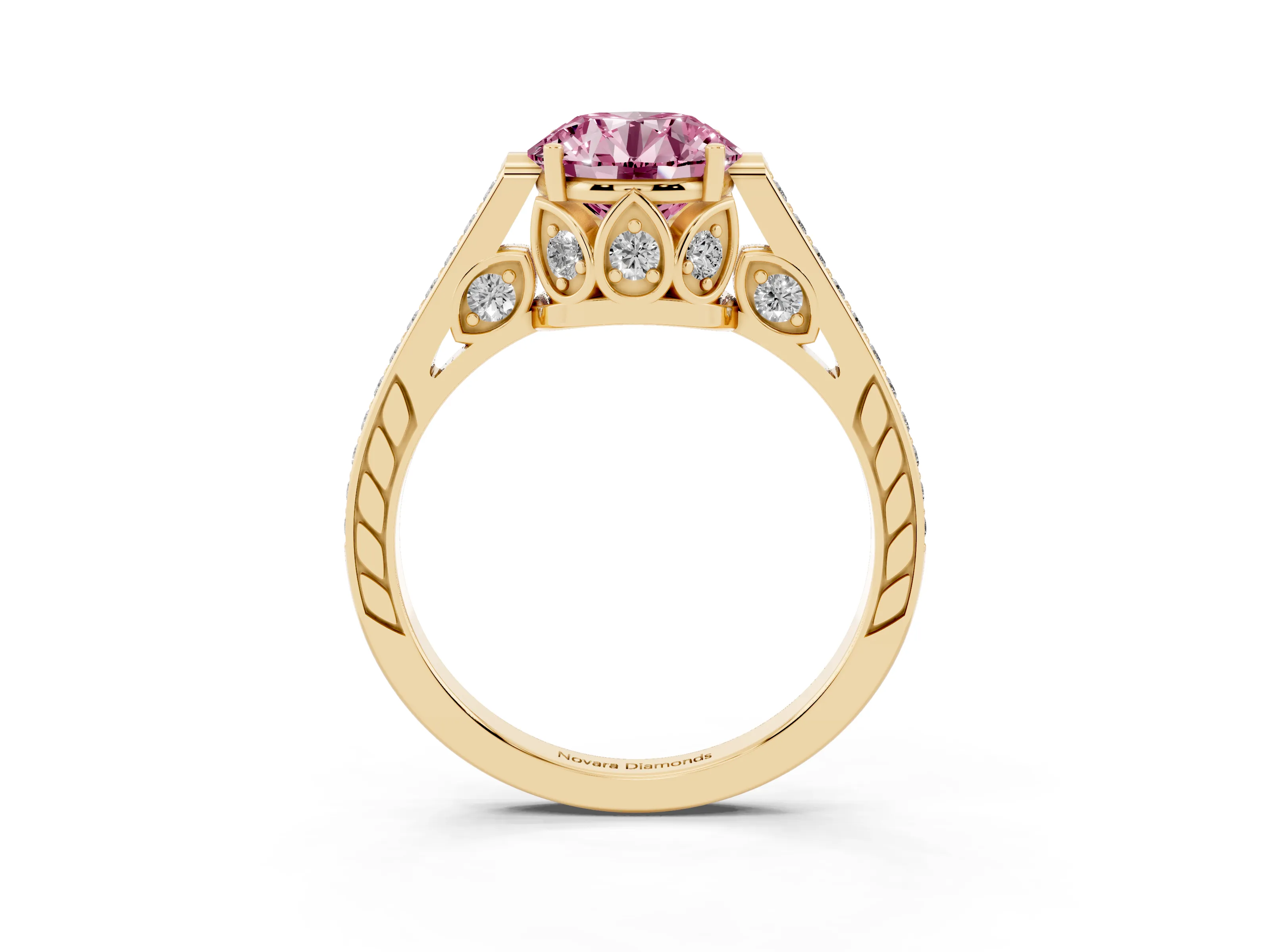 Fancy Pink Round Cut Diamond Cathedral Pavé Engagement Ring Set in Yellow gold with Prong Setting
