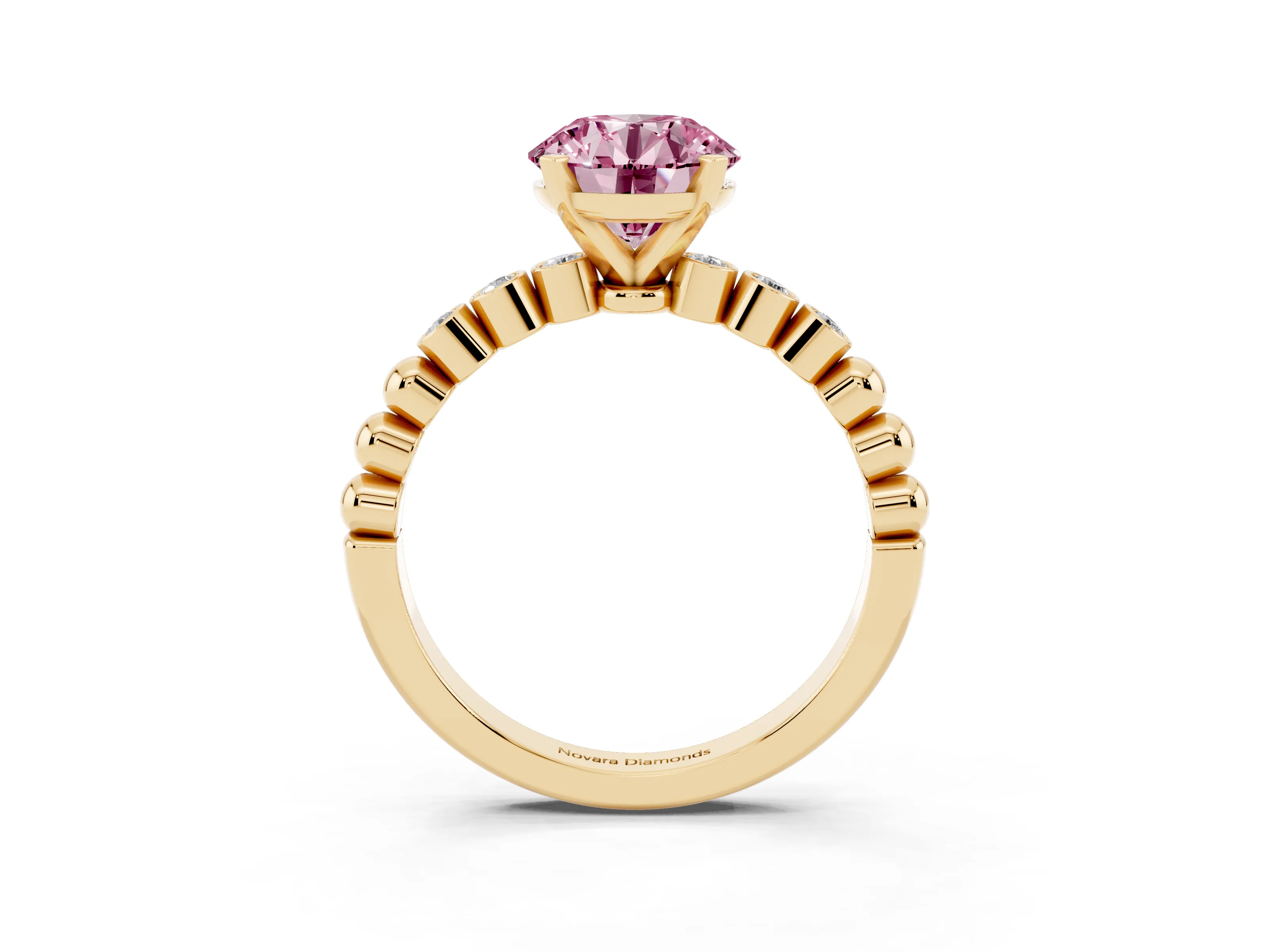 Fancy Pink Round Cut Diamond Solitaire Engagement Ring Set in Yellow gold with Bezel Accents on Beaded Band