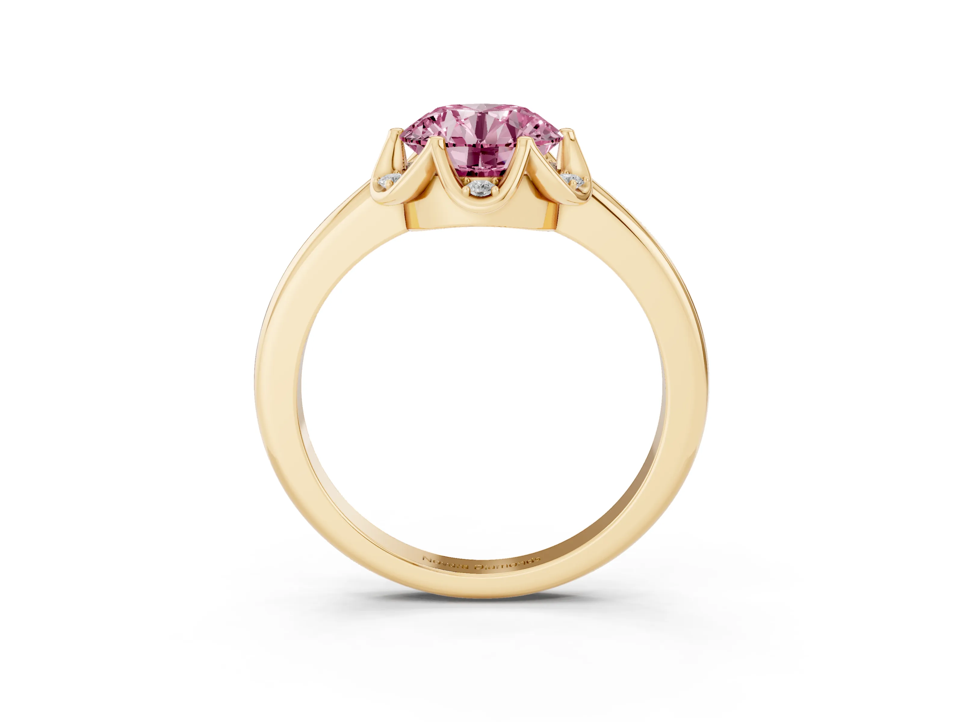 Fancy Pink Round Cut Diamond Round Cluster Halo Ring Set in Yellow gold with Solitaire Band and Prong Setting