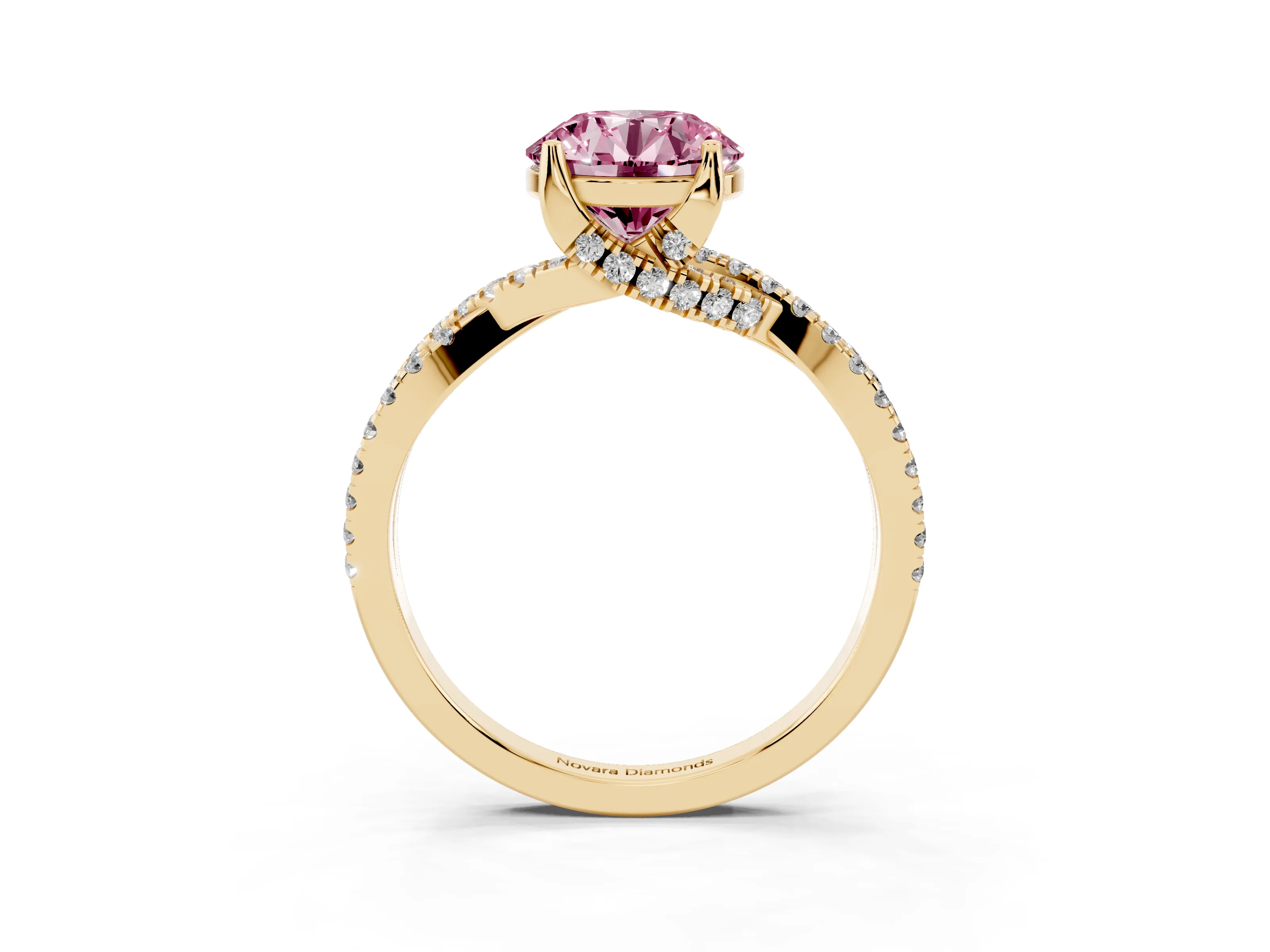 Fancy Pink Round Cut Diamond Twist Pavé Solitaire Engagement Ring Set in Yellow gold with Prong Setting