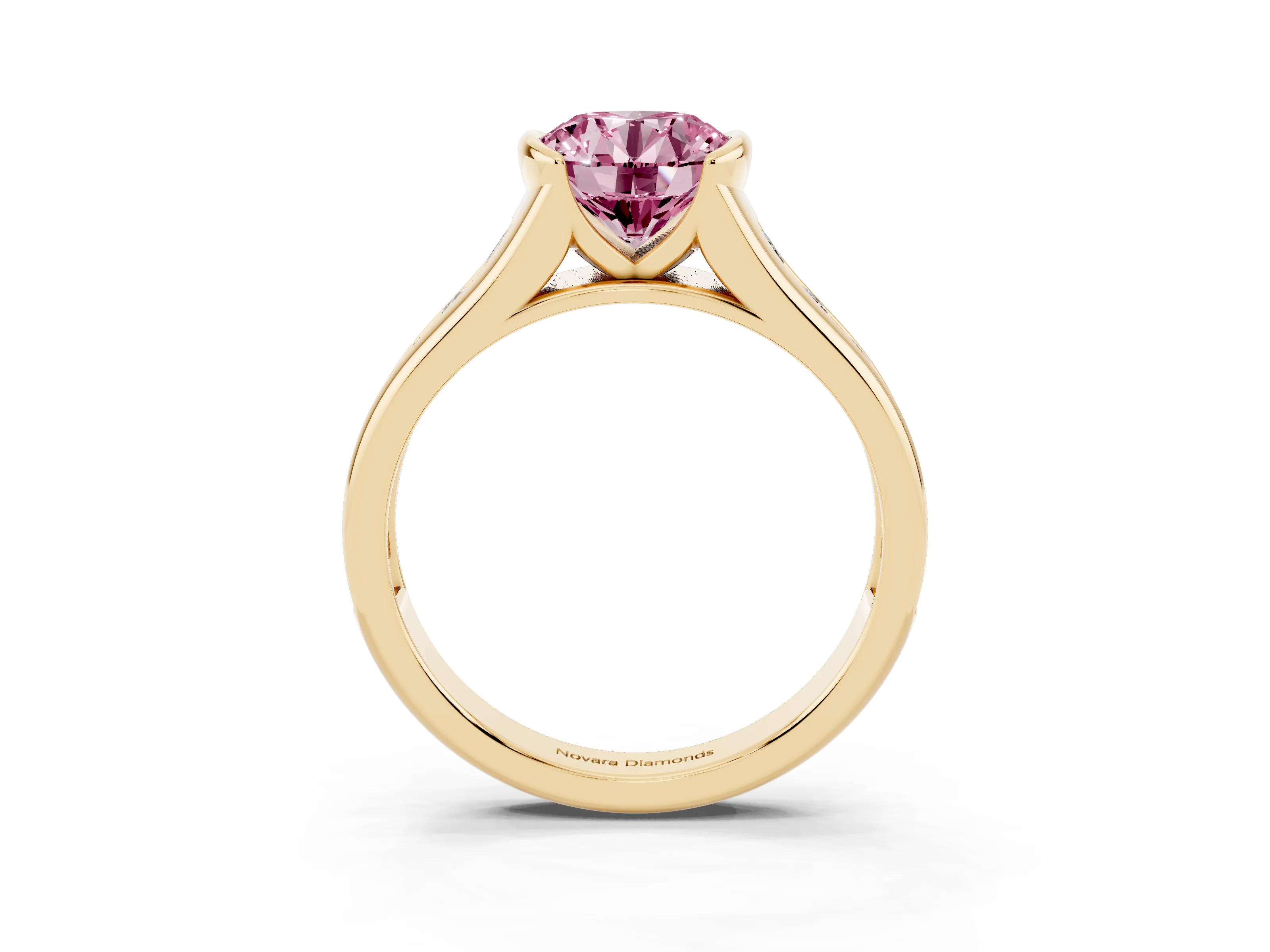 Fancy Pink Round Cut Diamond Bezel-Set Solitaire Ring Set in Yellow gold with Channel-Set Band