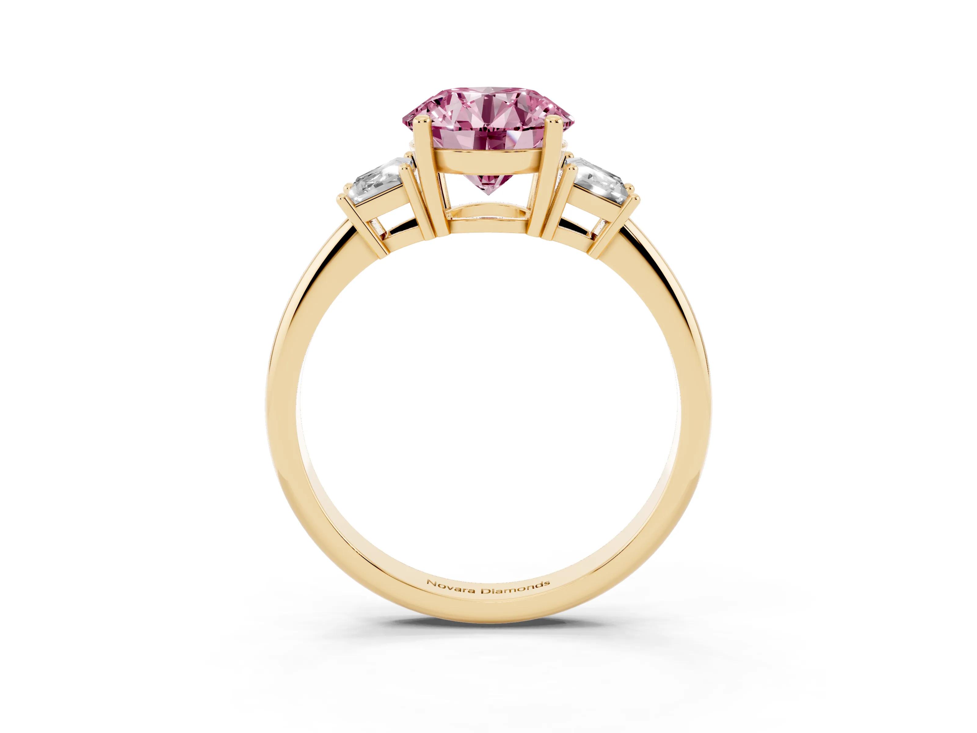 Fancy Pink Round Cut Diamond Three-Stone Ring Set in Yellow gold with Trapezoid Side Stones and Prong Setting