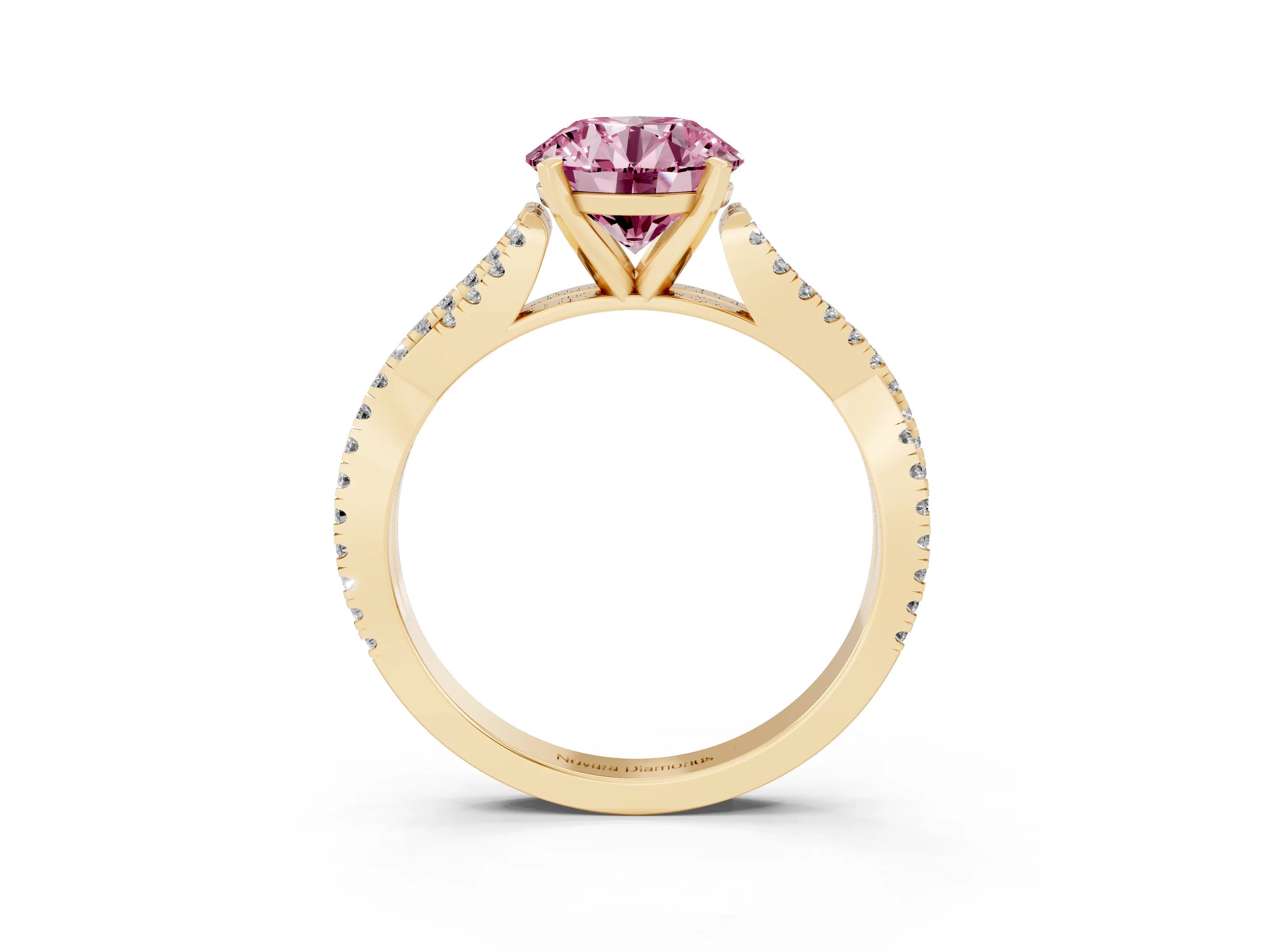 Fancy Pink Round Cut Diamond Solitaire Engagement Ring Set in Yellow gold with Twisted Pavé Band and Prong Setting