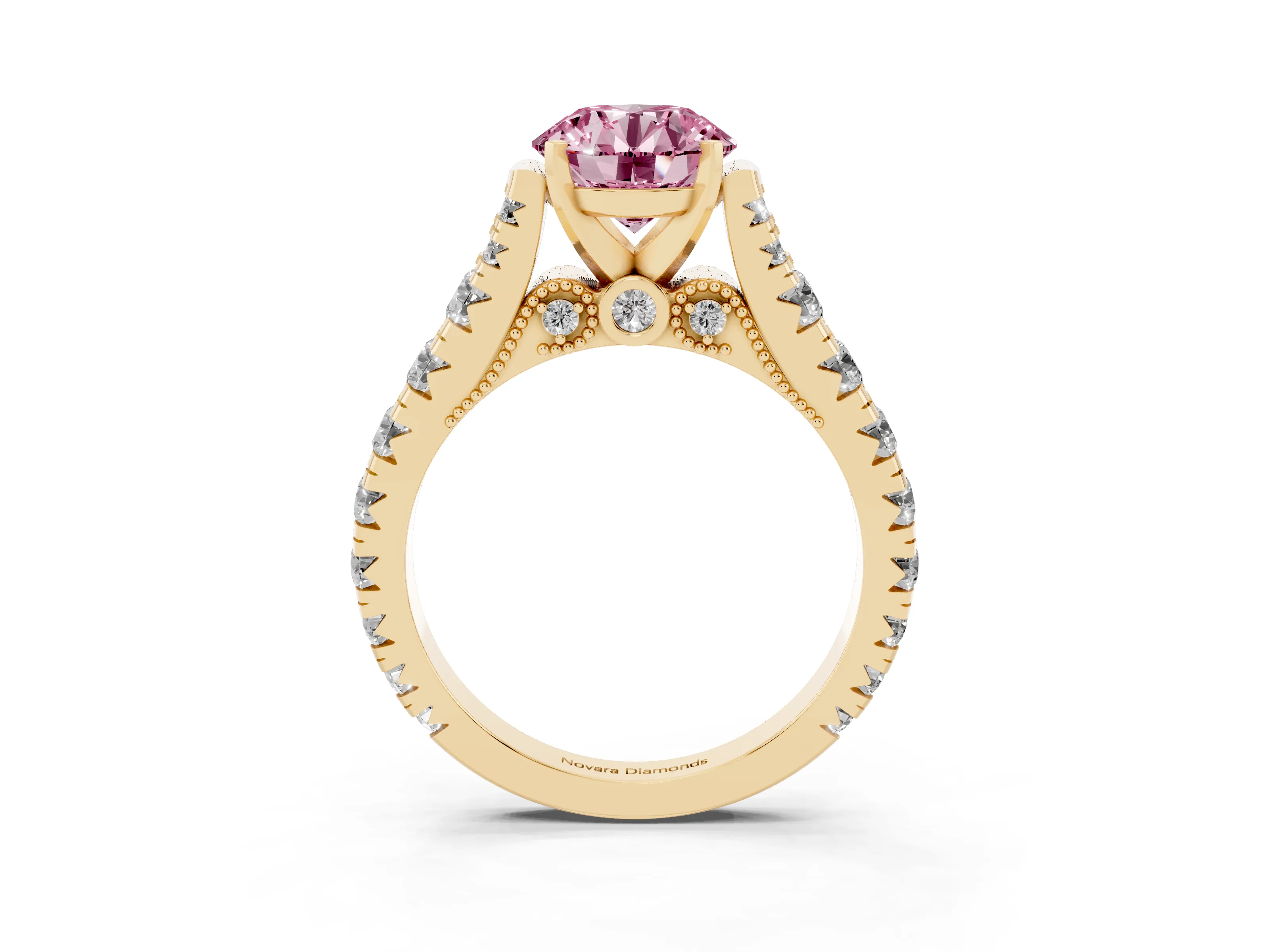 Fancy Pink Round Cut Diamond Classic Solitaire Ring Set in Yellow gold with Pavé Band and Prong Setting