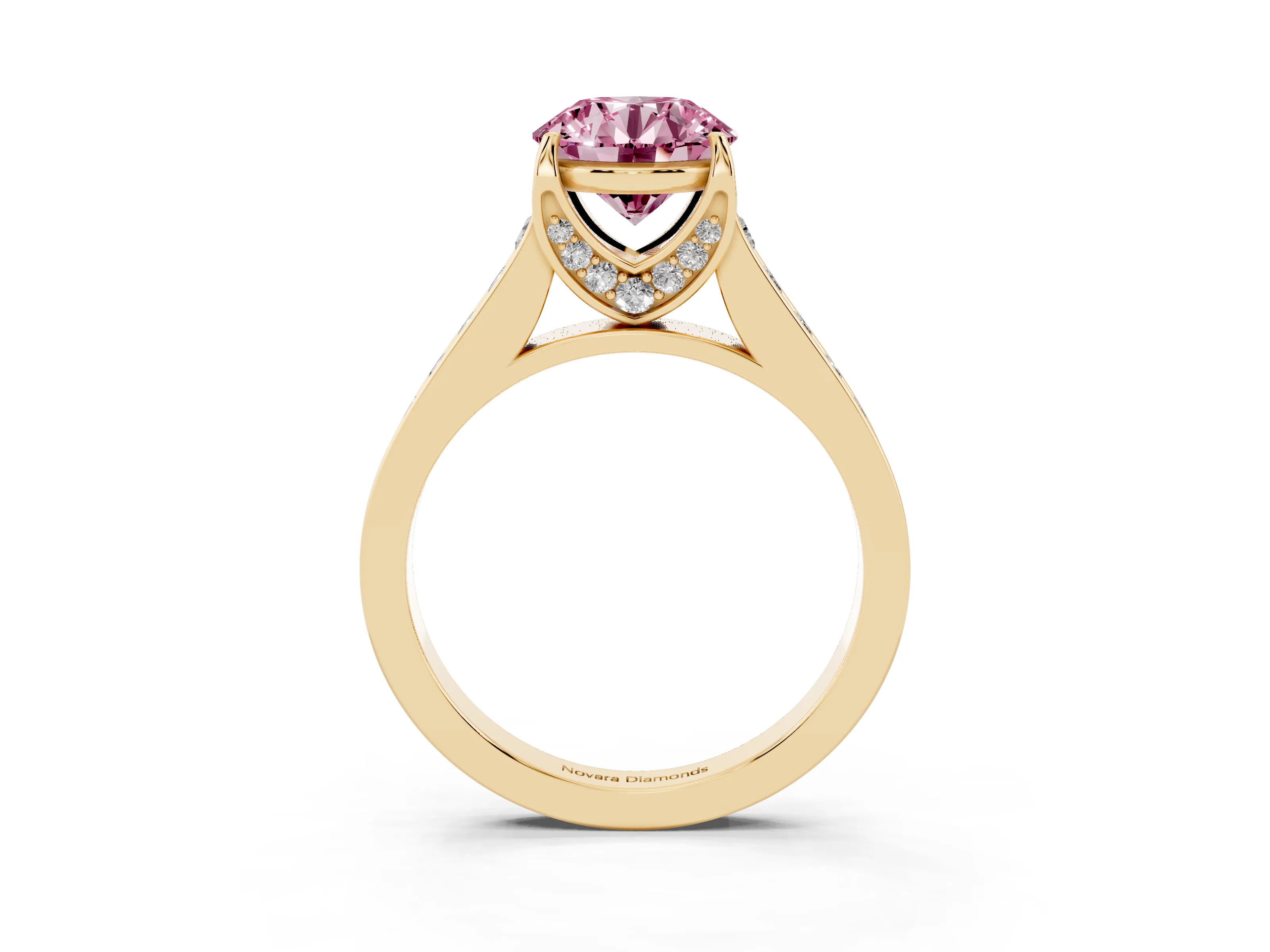 Fancy Pink Round Cut Diamond Solitaire Pavé Engagement Ring Set in Yellow gold with Prong Setting