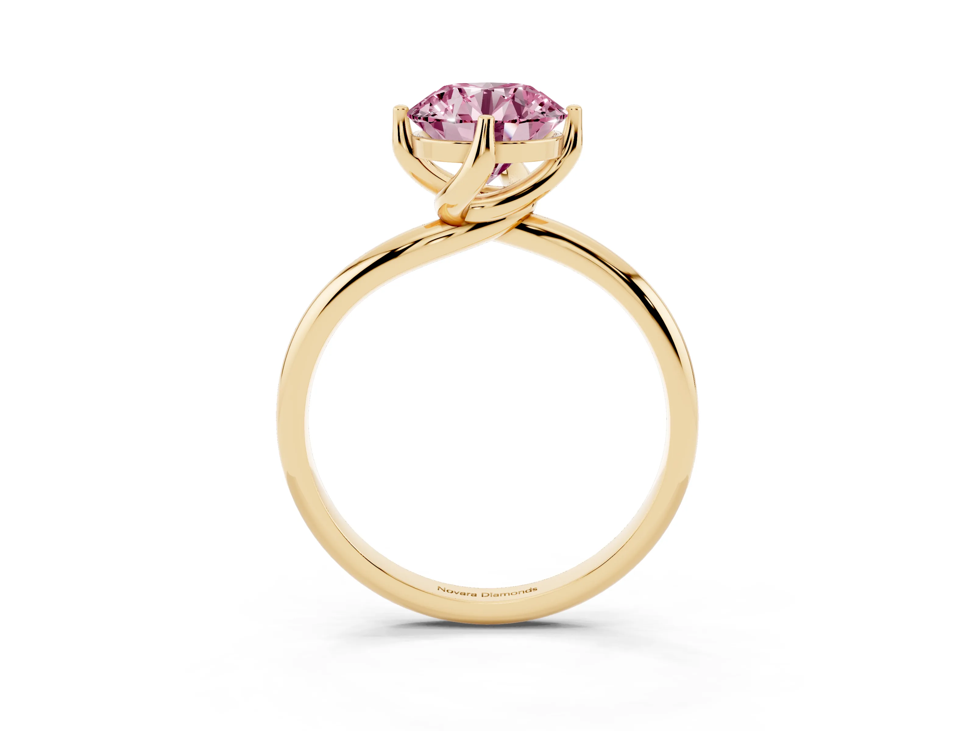 Fancy Pink Round Cut Diamond Solitaire Engagement Ring Set in Yellow gold with Classic Plain Band