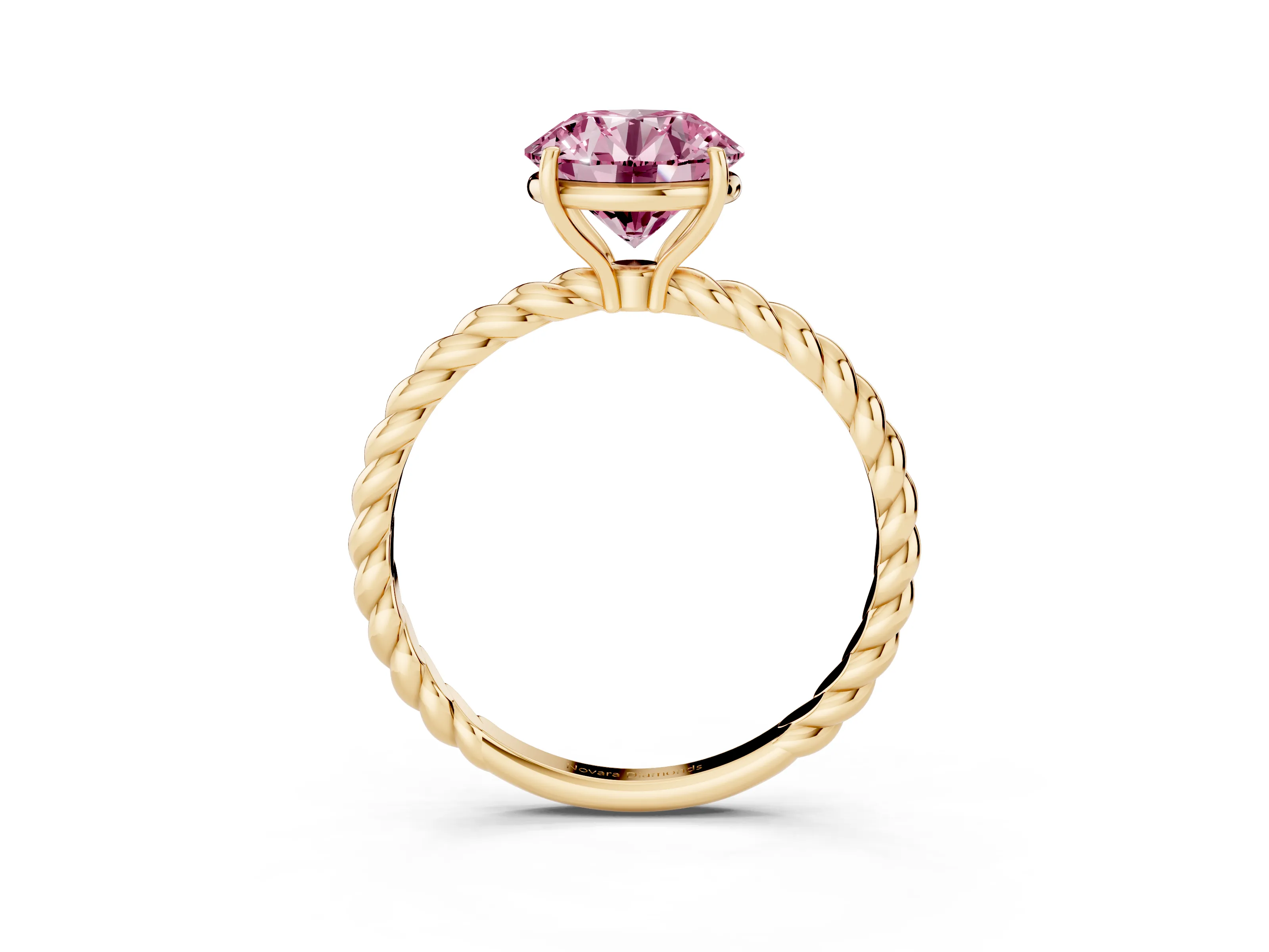 Fancy Pink Round Cut Diamond Solitaire Ring Set in Yellow gold with Twist Band and Prong Setting