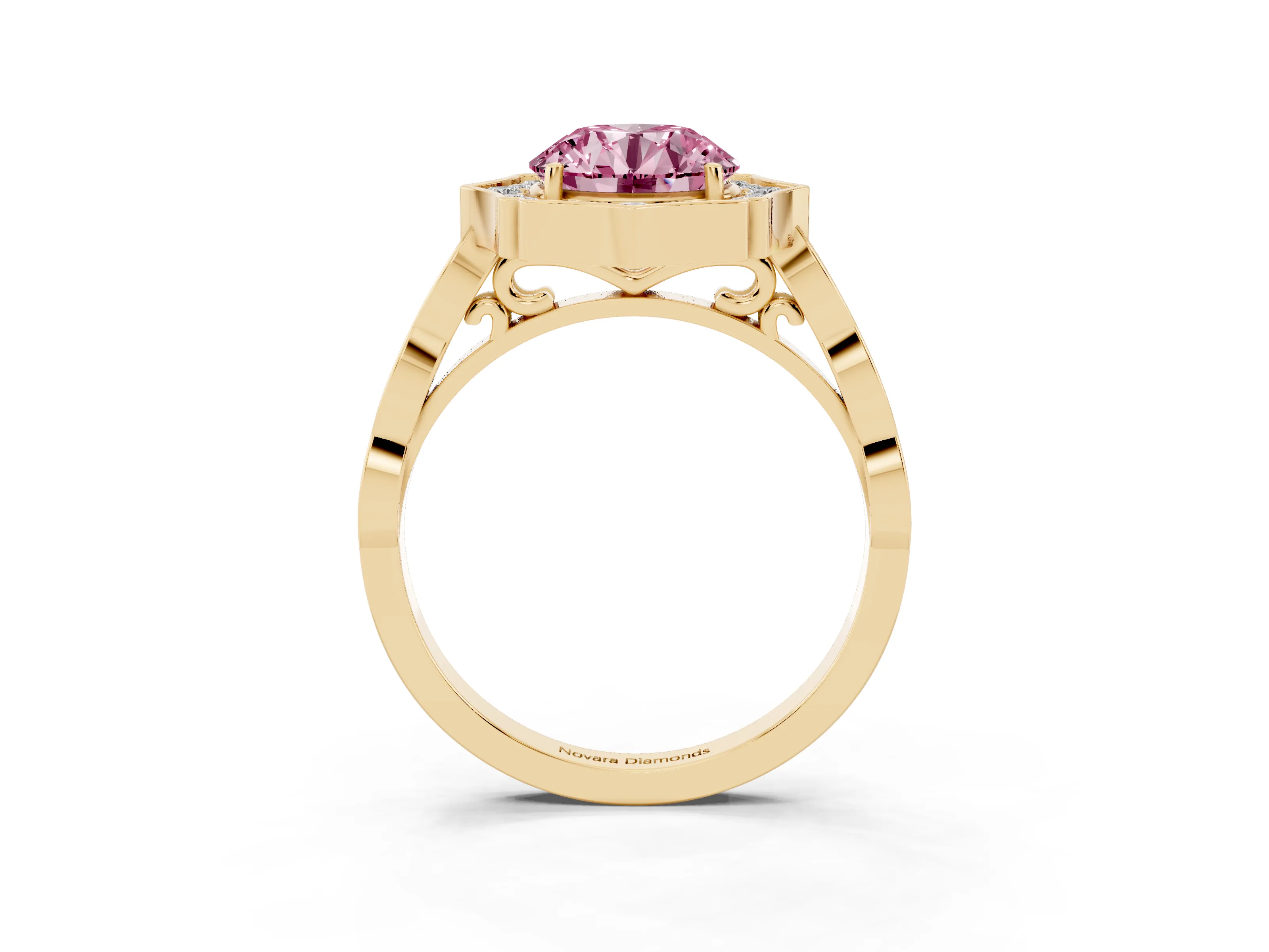 Fancy Pink Round Cut Diamond Halo Engagement Ring Set in Yellow gold with Milgrain Band and Prong Setting