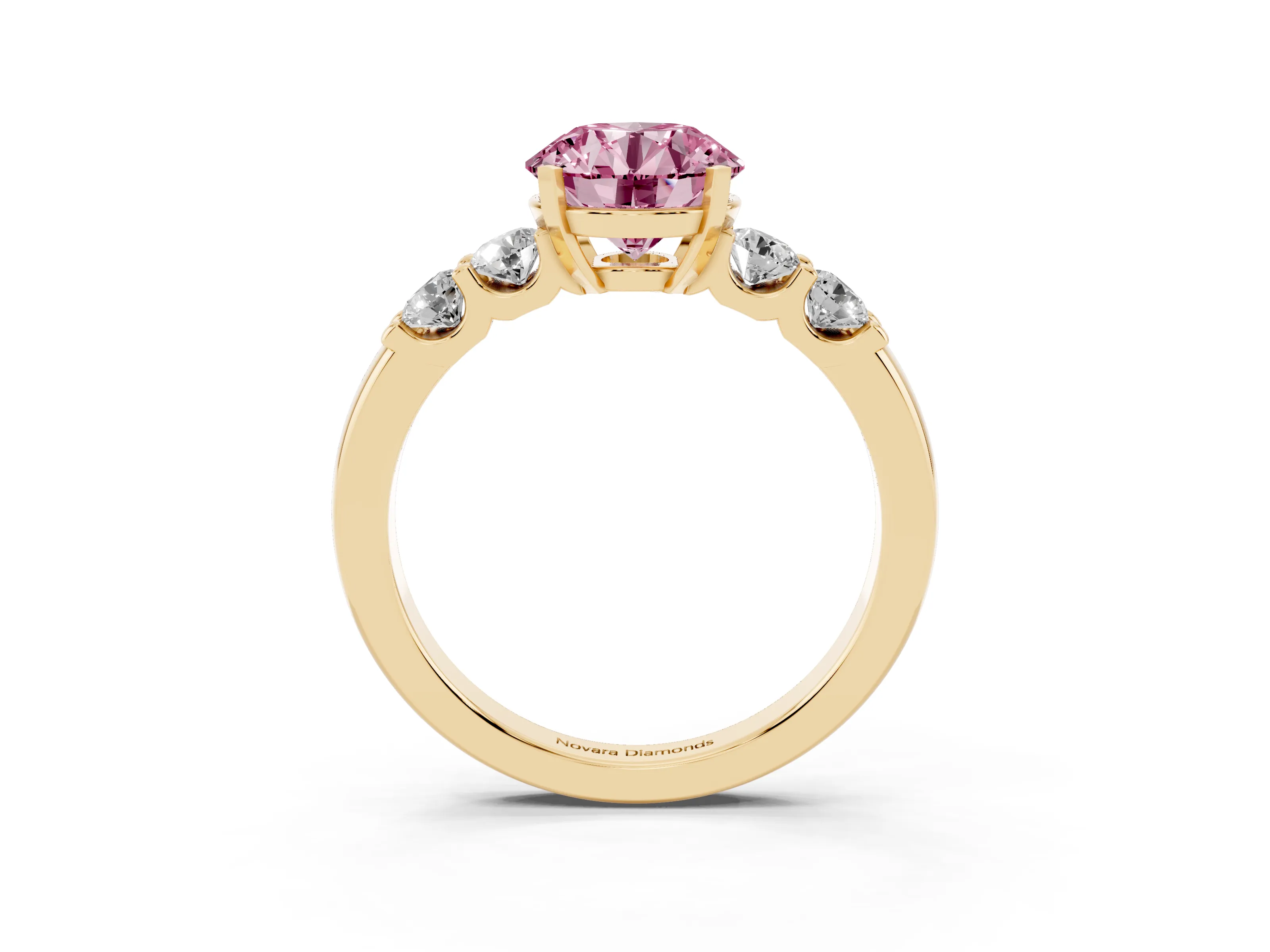Fancy Pink Round Cut Diamond Five-Stone Prong Set Engagement Ring Set in Yellow gold with Channel Band
