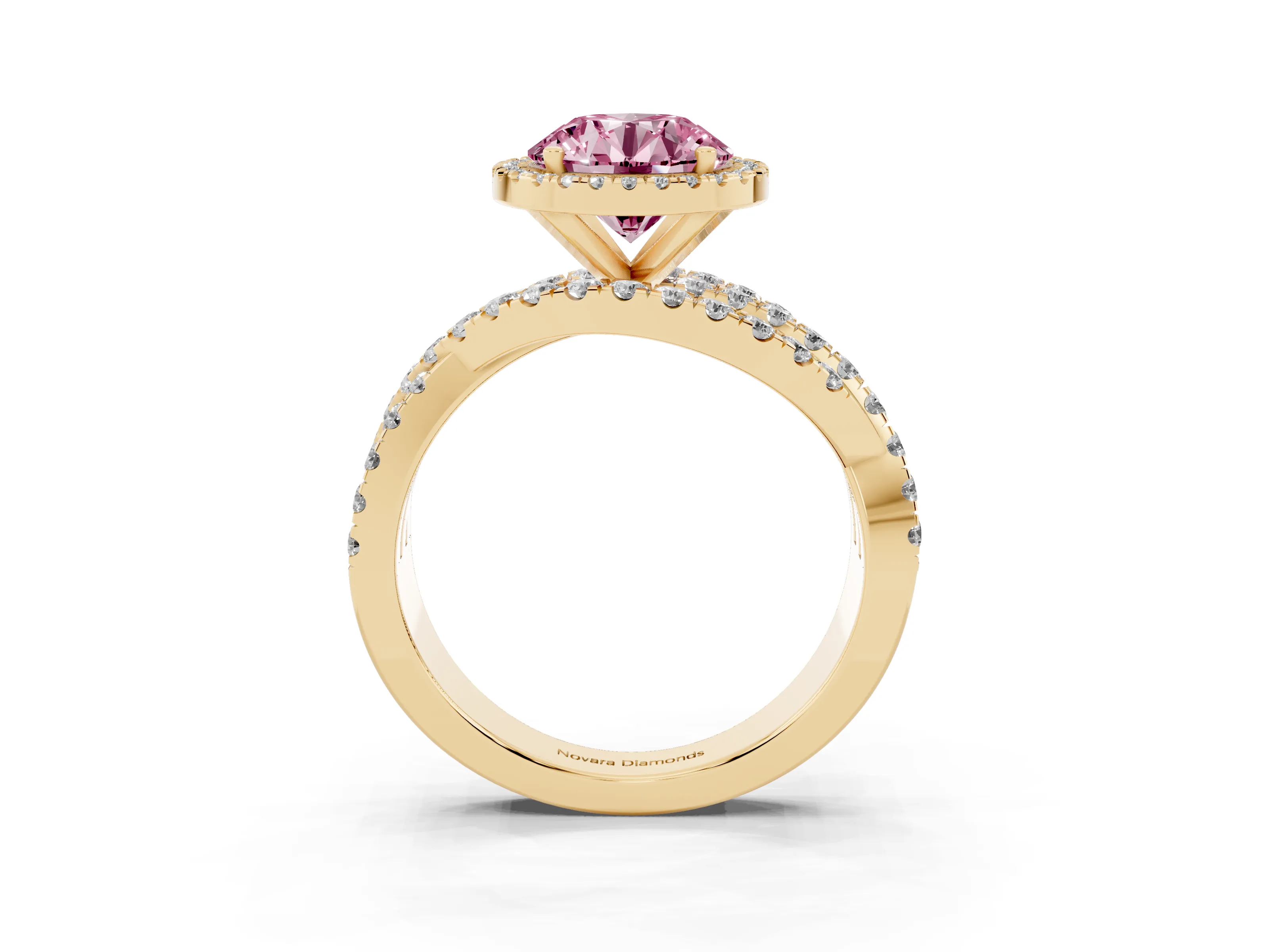 Fancy Pink Round Cut Diamond Halo Ring Set in Yellow gold with Round Crossover Split Shank and Prong Setting