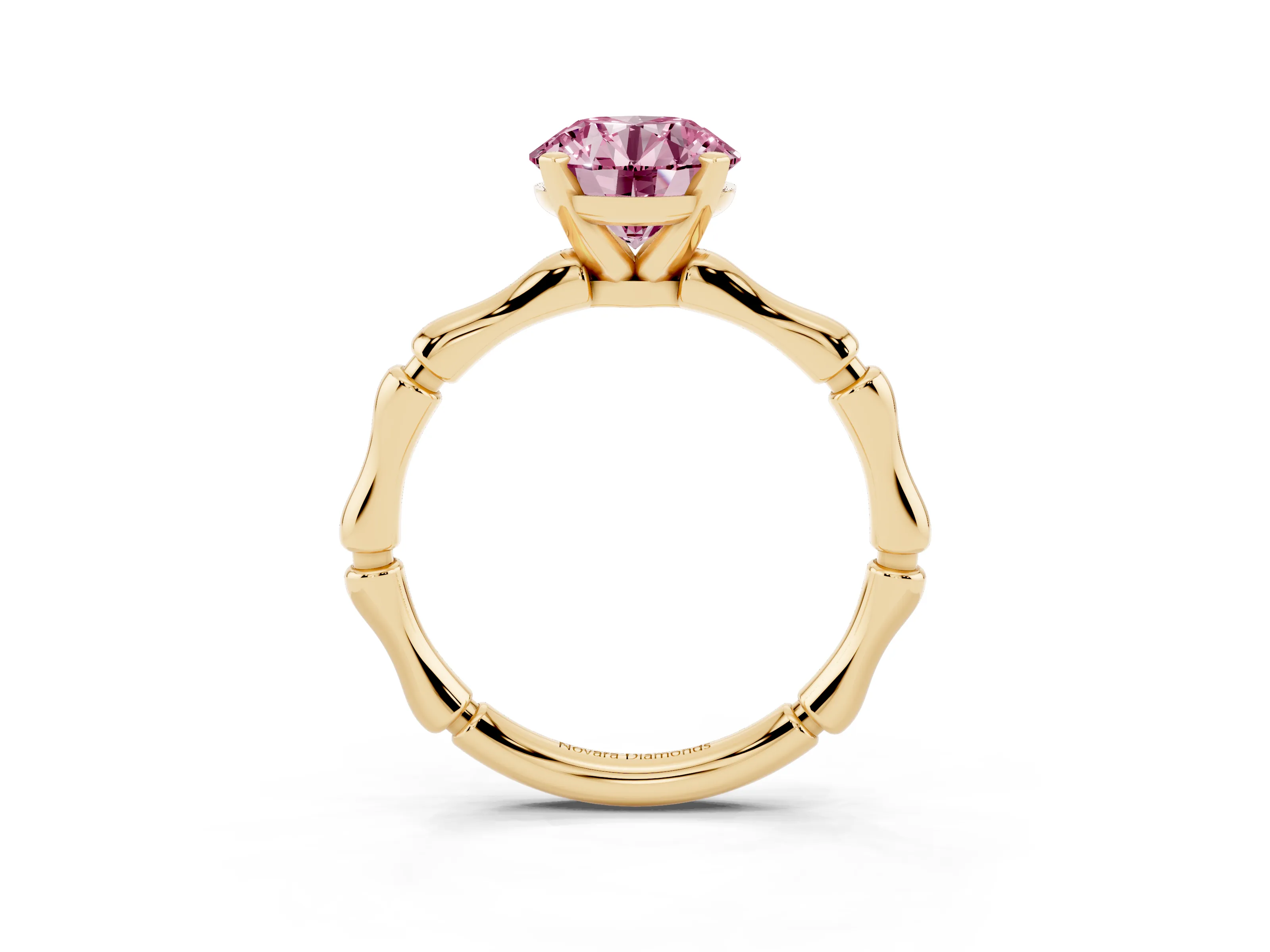 Fancy Pink Round Cut Diamond Solitaire Ring Set in Yellow gold with Bamboo Band and Prong Setting