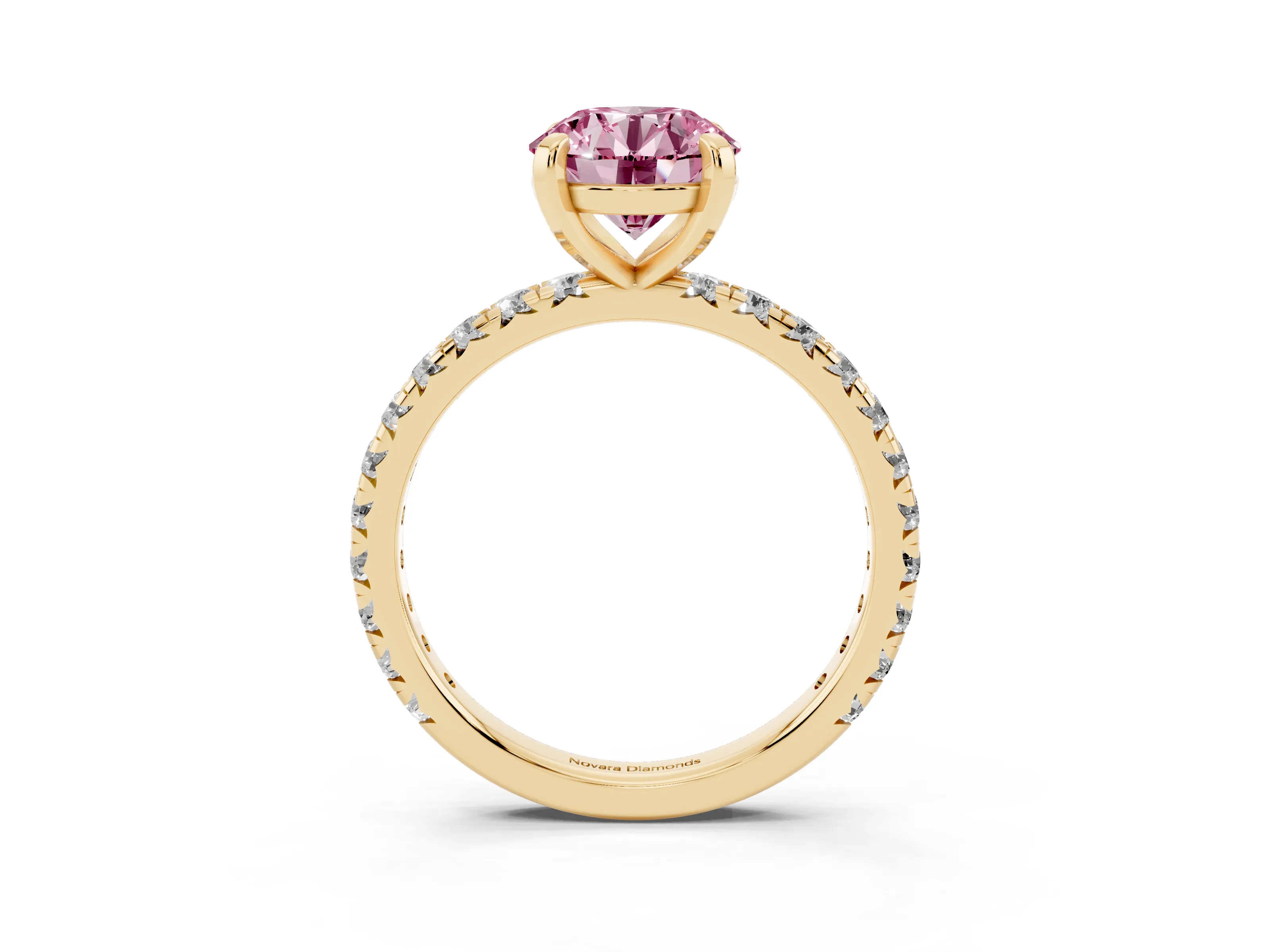 Fancy Pink Round Cut Diamond Pavé Solitaire Ring Set in Yellow gold with Round Band and Prong Setting