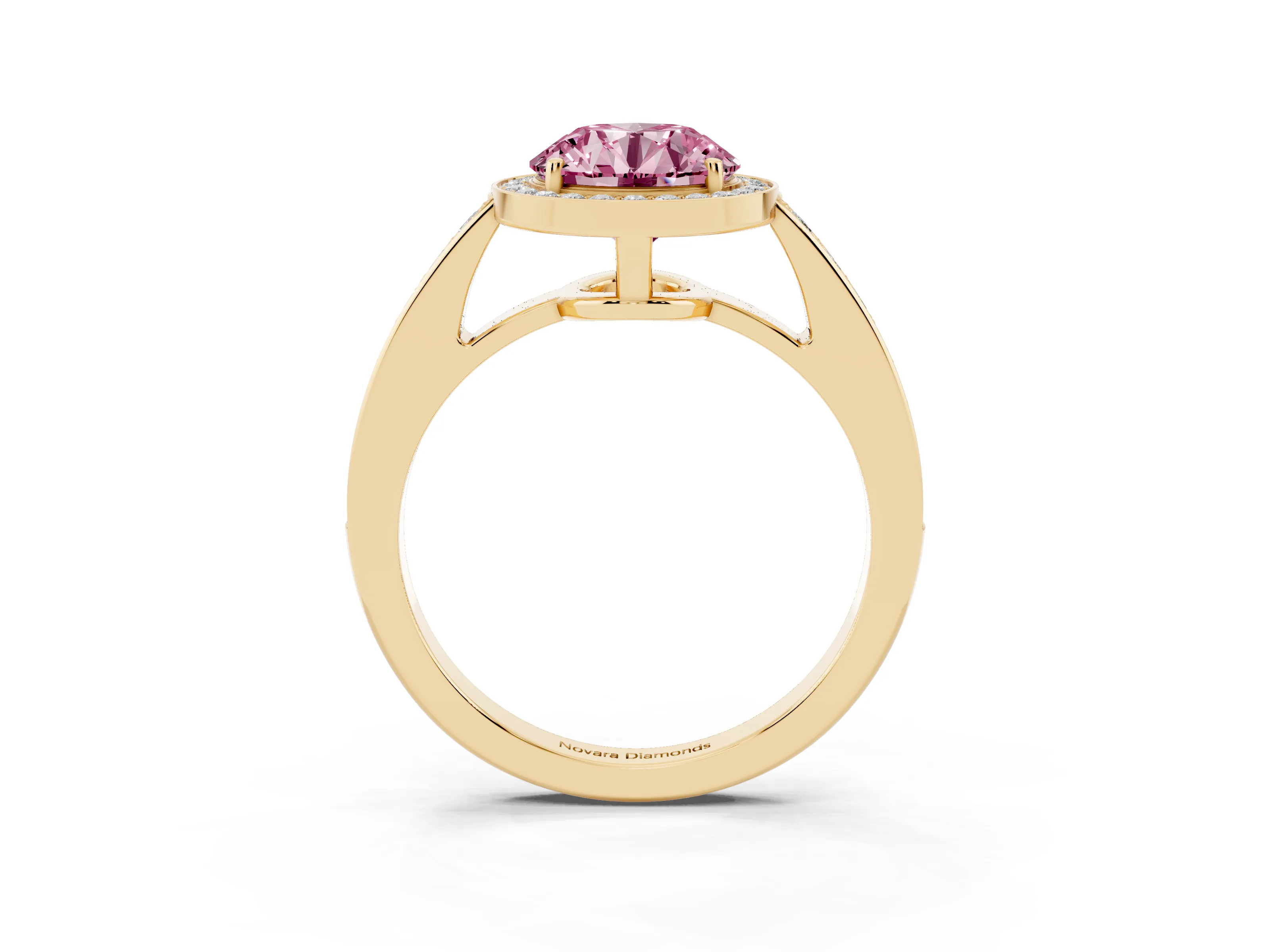 Fancy Pink Round Cut Diamond Halo Pavé Engagement Ring Set in Yellow gold with Bezel Setting