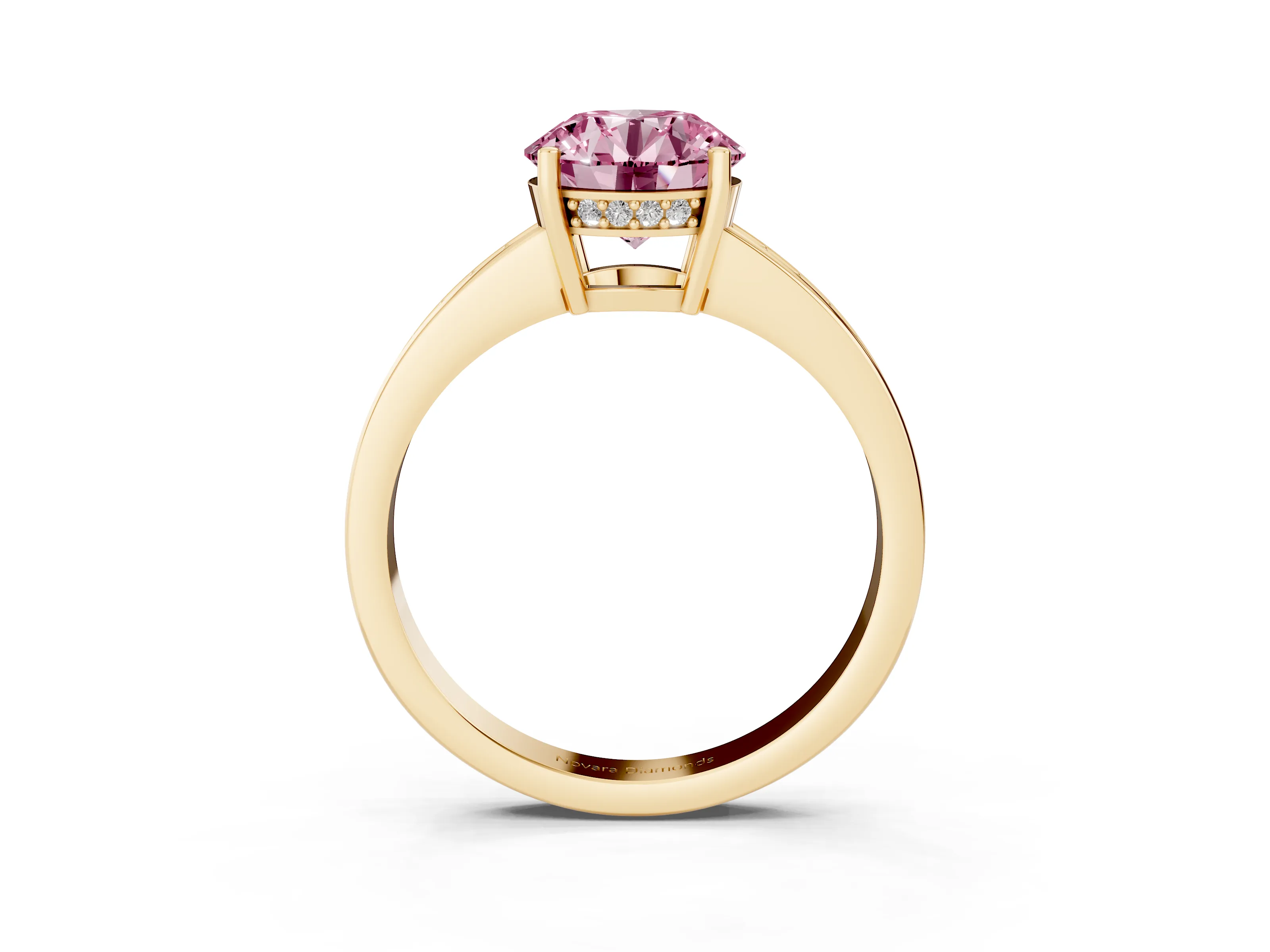 Fancy Pink Round Cut Diamond Pavé Band Prong Set Solitaire Ring Set in Yellow gold
