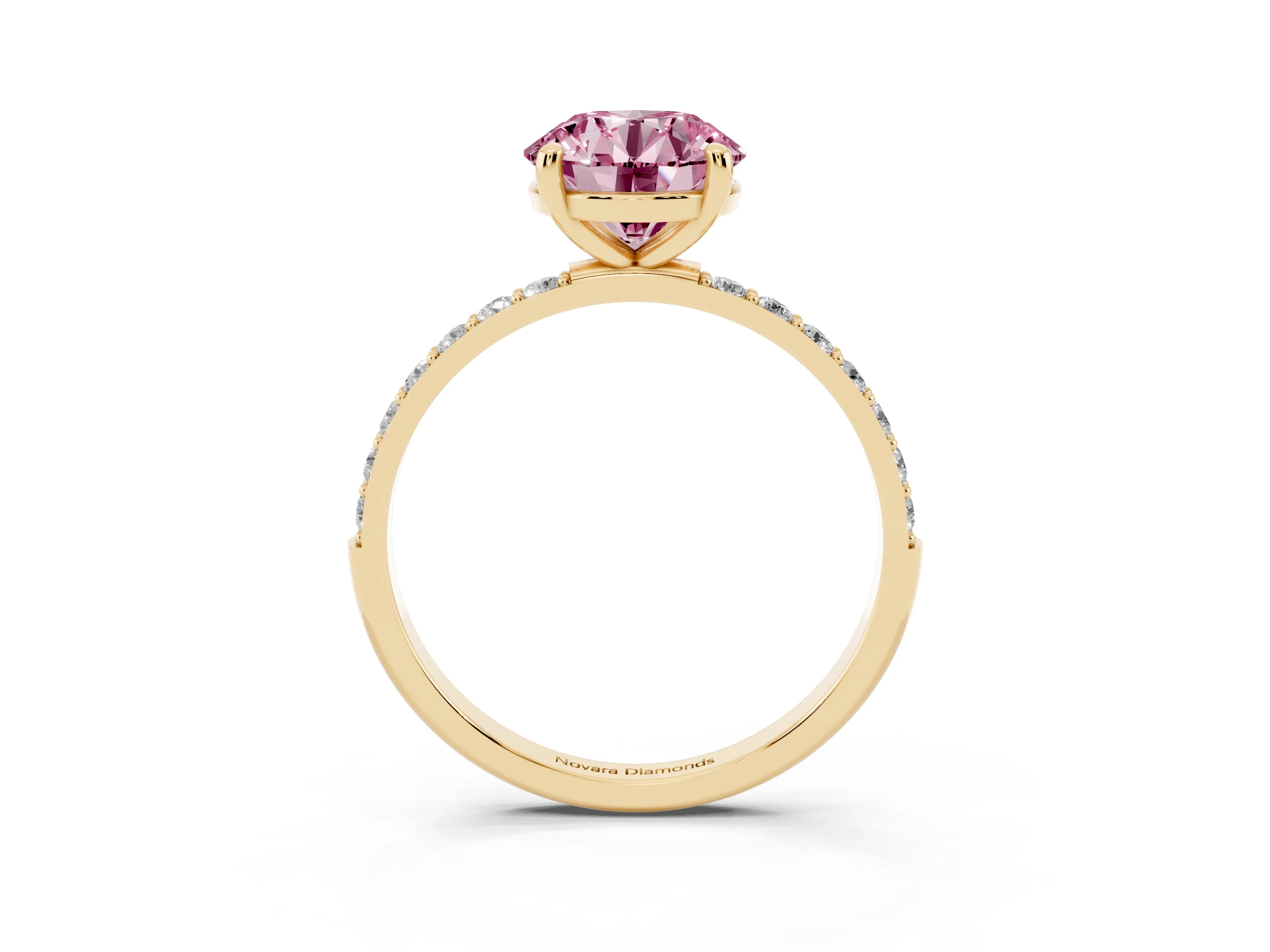 Fancy Pink Round Cut Diamond Solitaire Ring Set in Yellow gold with Round Pavé Band and Prong Setting
