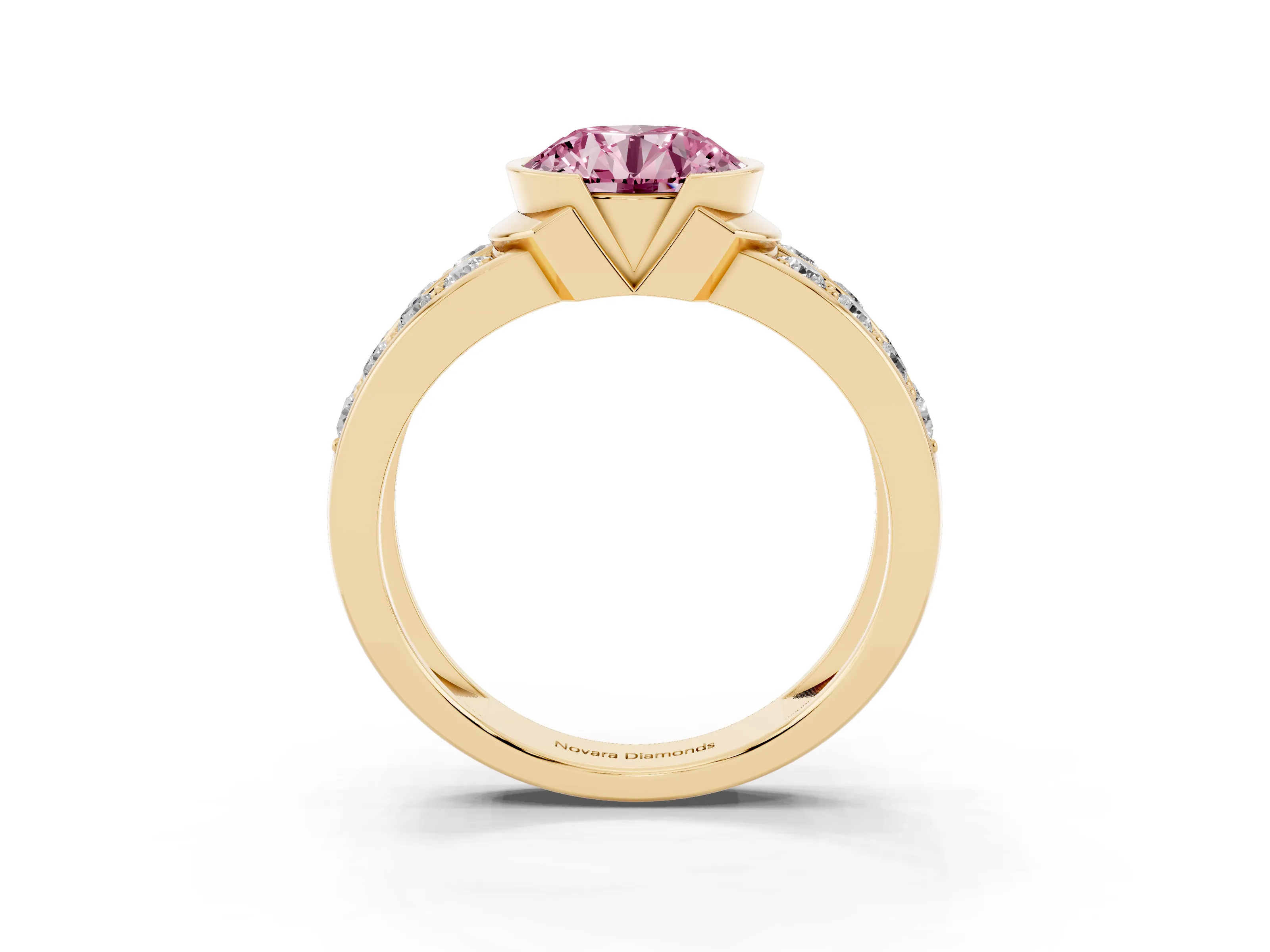 Fancy Pink Round Cut Diamond Wide Channel Set Band Ring Set in Yellow gold with Bezel Setting