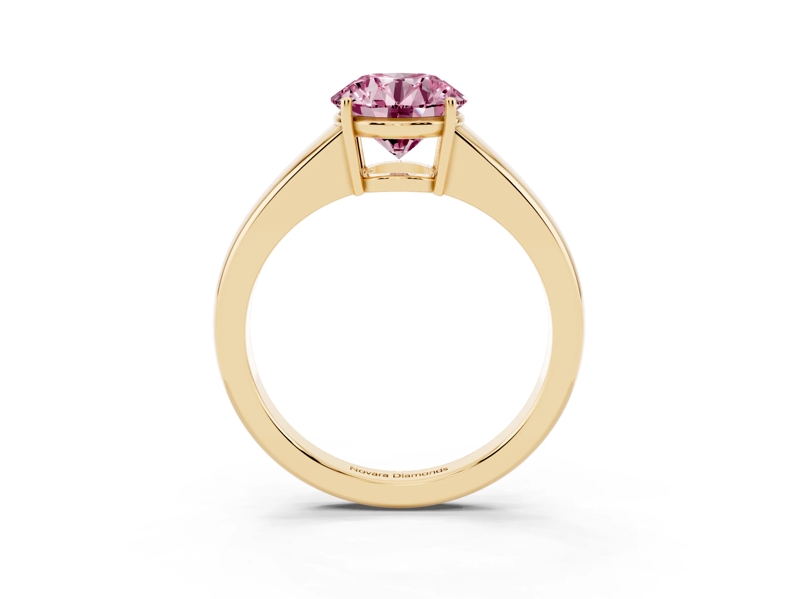Fancy Pink Round Cut Diamond Solitaire Ring Set in Yellow gold with Tapered Band and Prong Setting