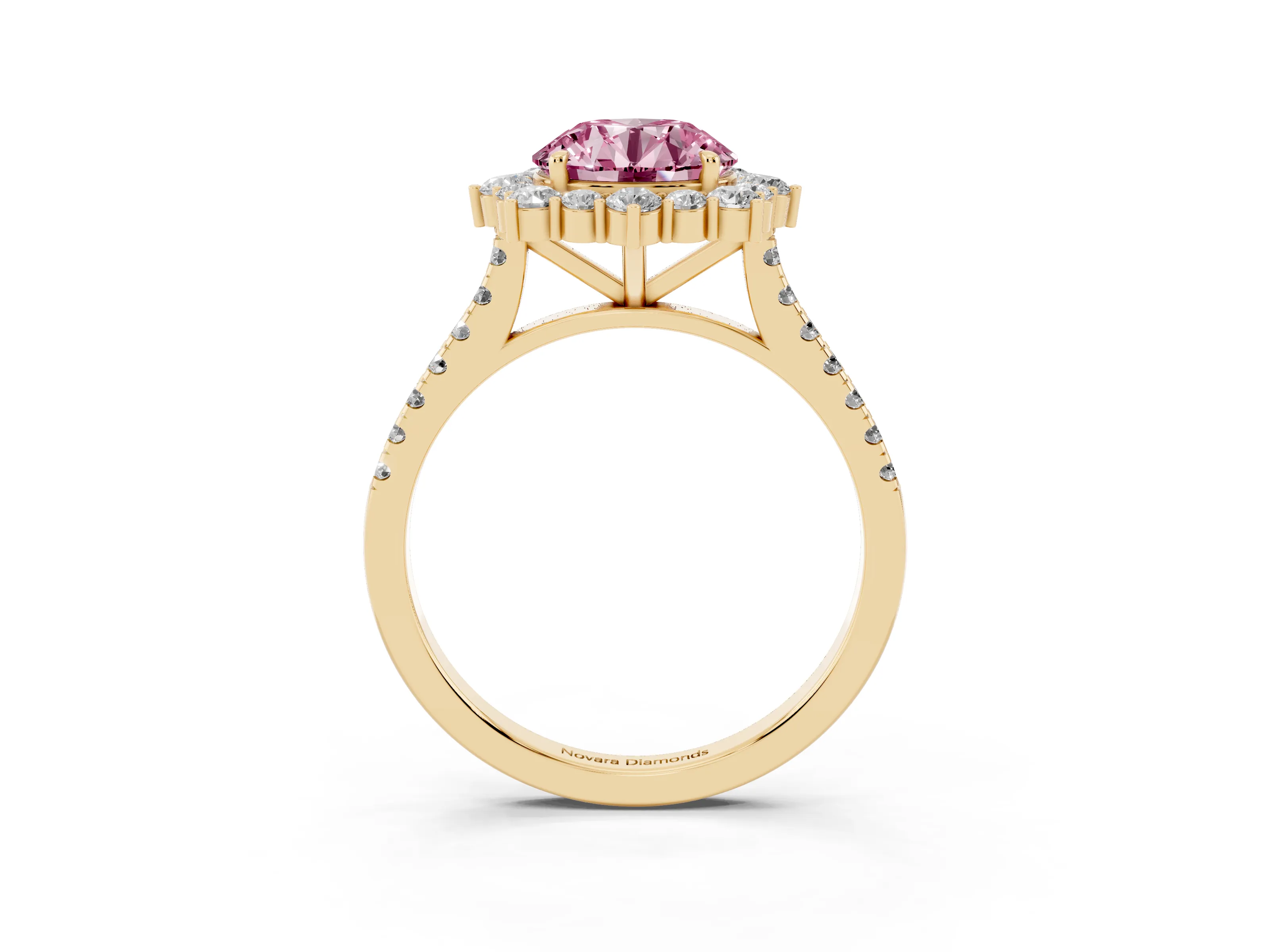 Fancy Pink Round Cut Diamond Halo Ring Set in Yellow gold with Pavé Band and Prong Setting