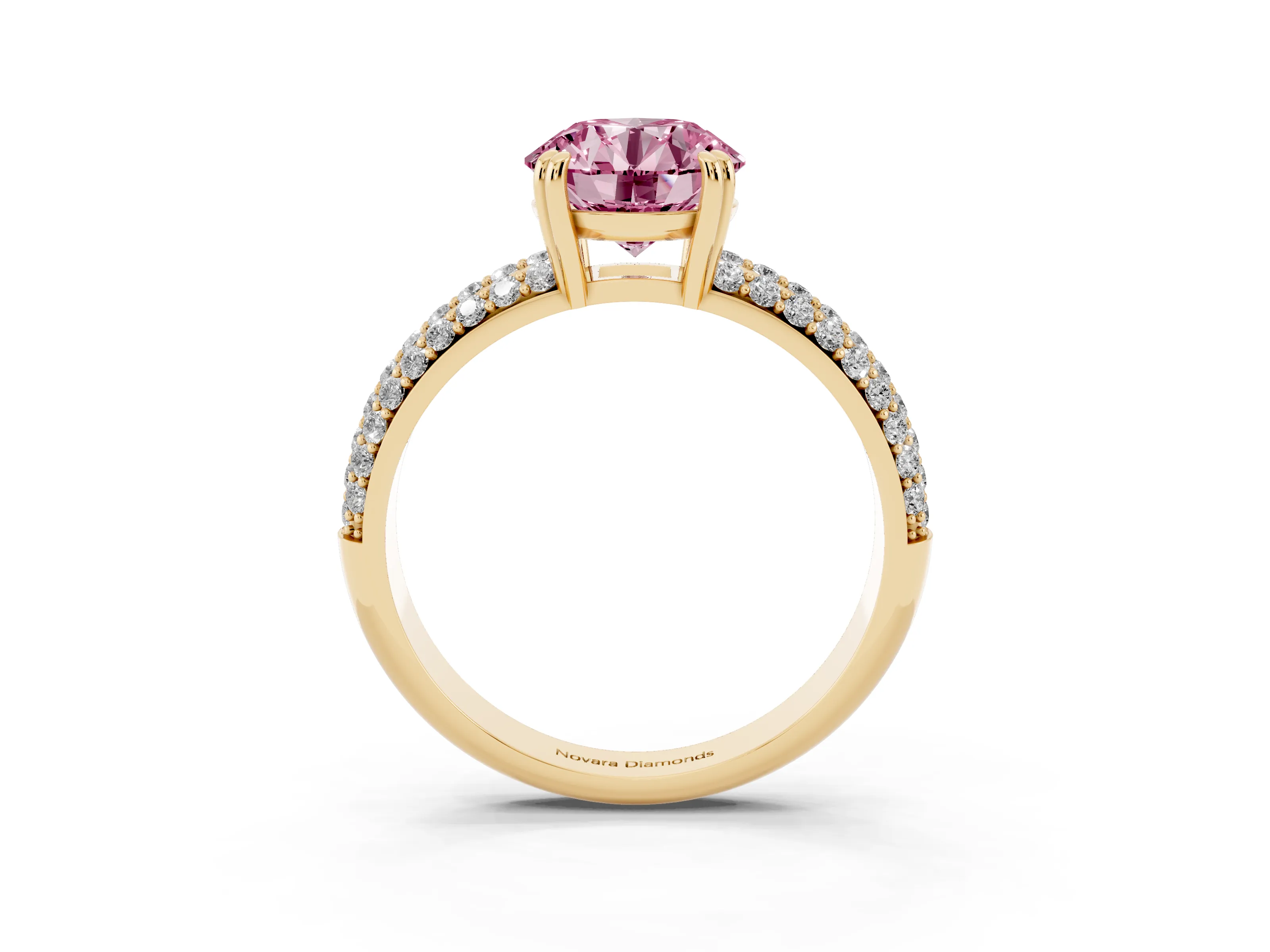 Fancy Pink Round Cut Diamond Solitaire Ring Set in Yellow gold with Multi-Row Round Pavé Band and Prong Setting
