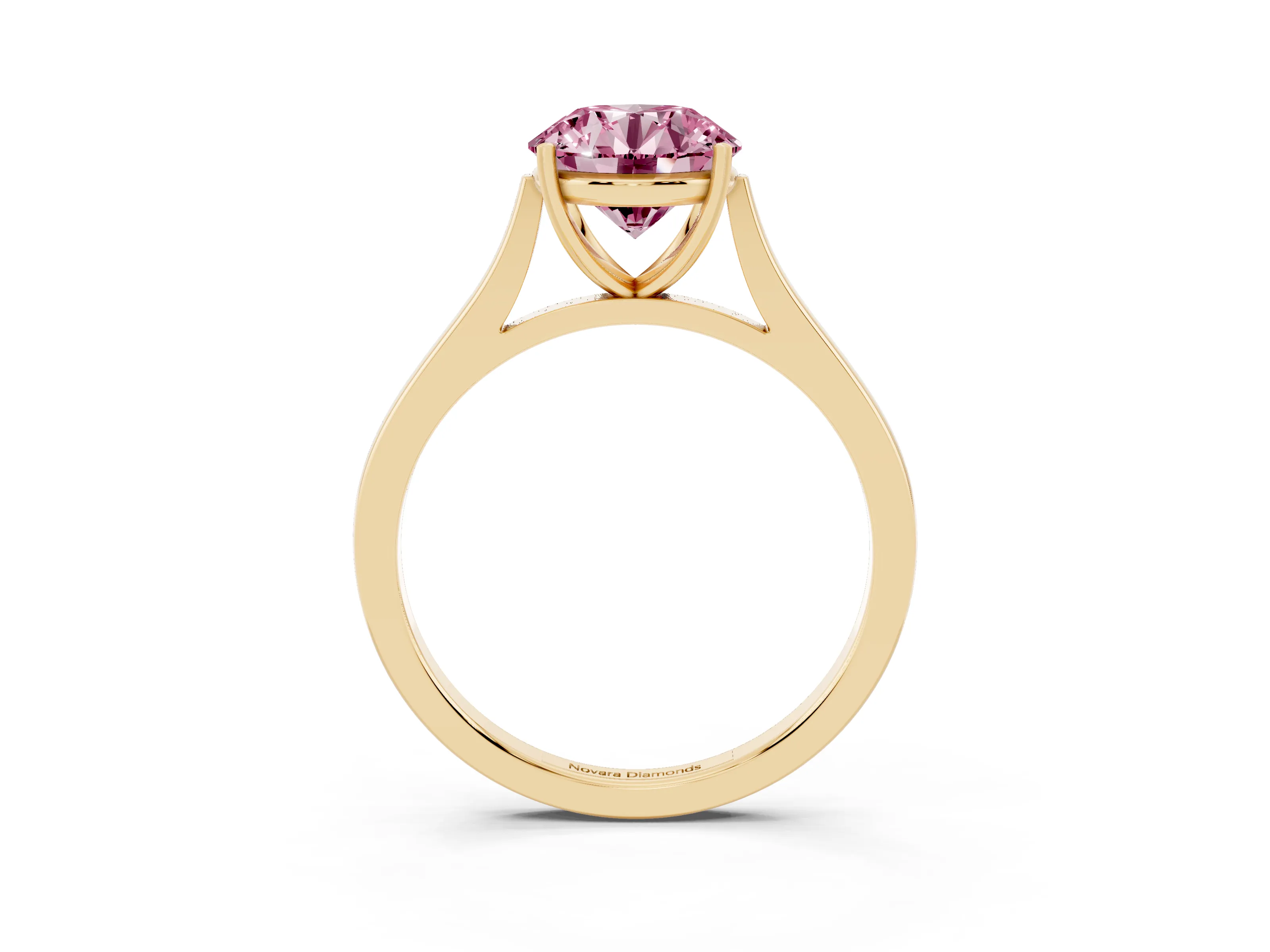 Fancy Pink Round Cut Diamond Solitaire Heart Prong Engagement Ring Set in Yellow gold with Tapered Band