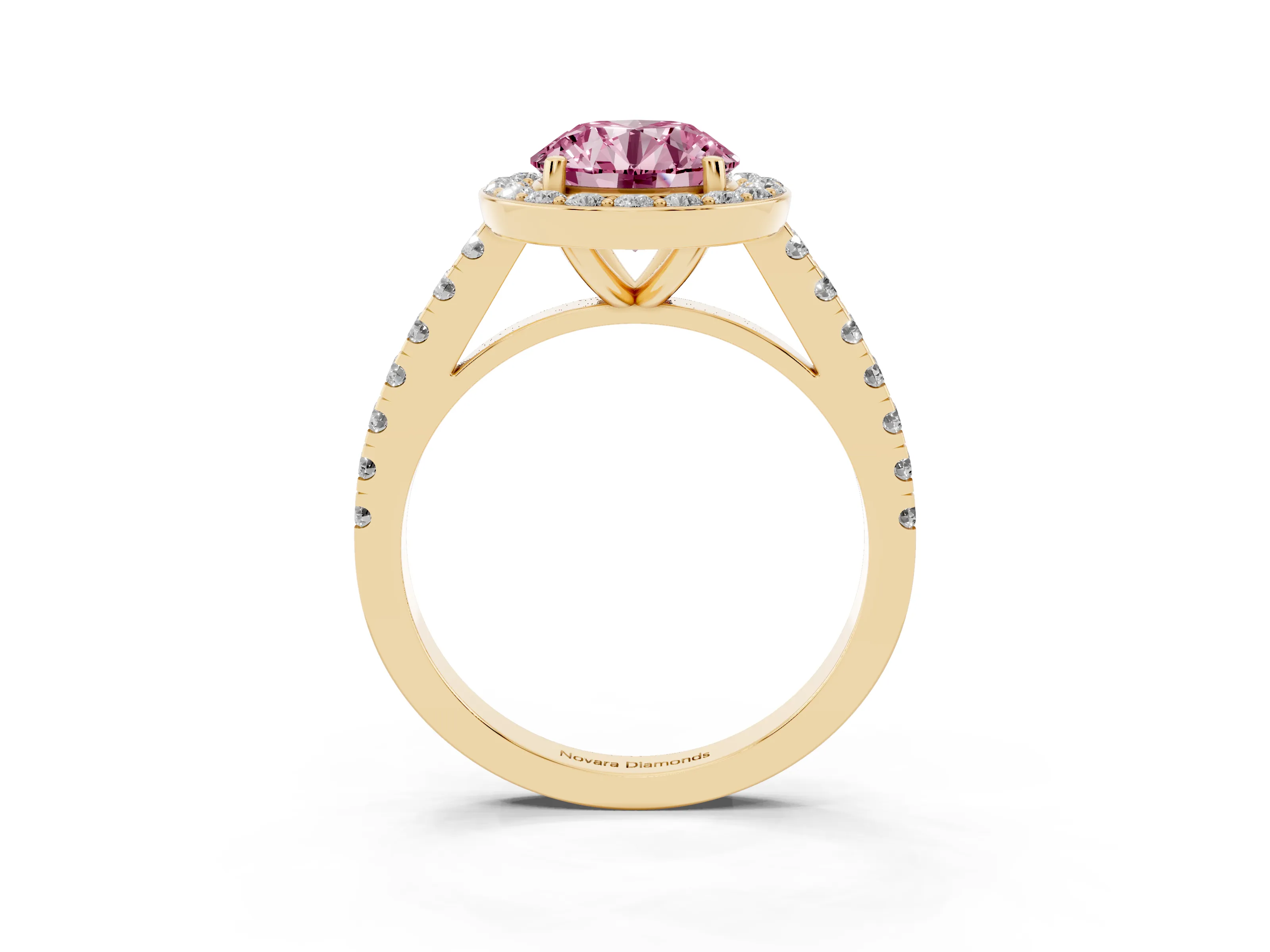 Fancy Pink Round Cut Diamond Halo Ring Set in Yellow gold with Round Pavé Split Shank and Prong Setting