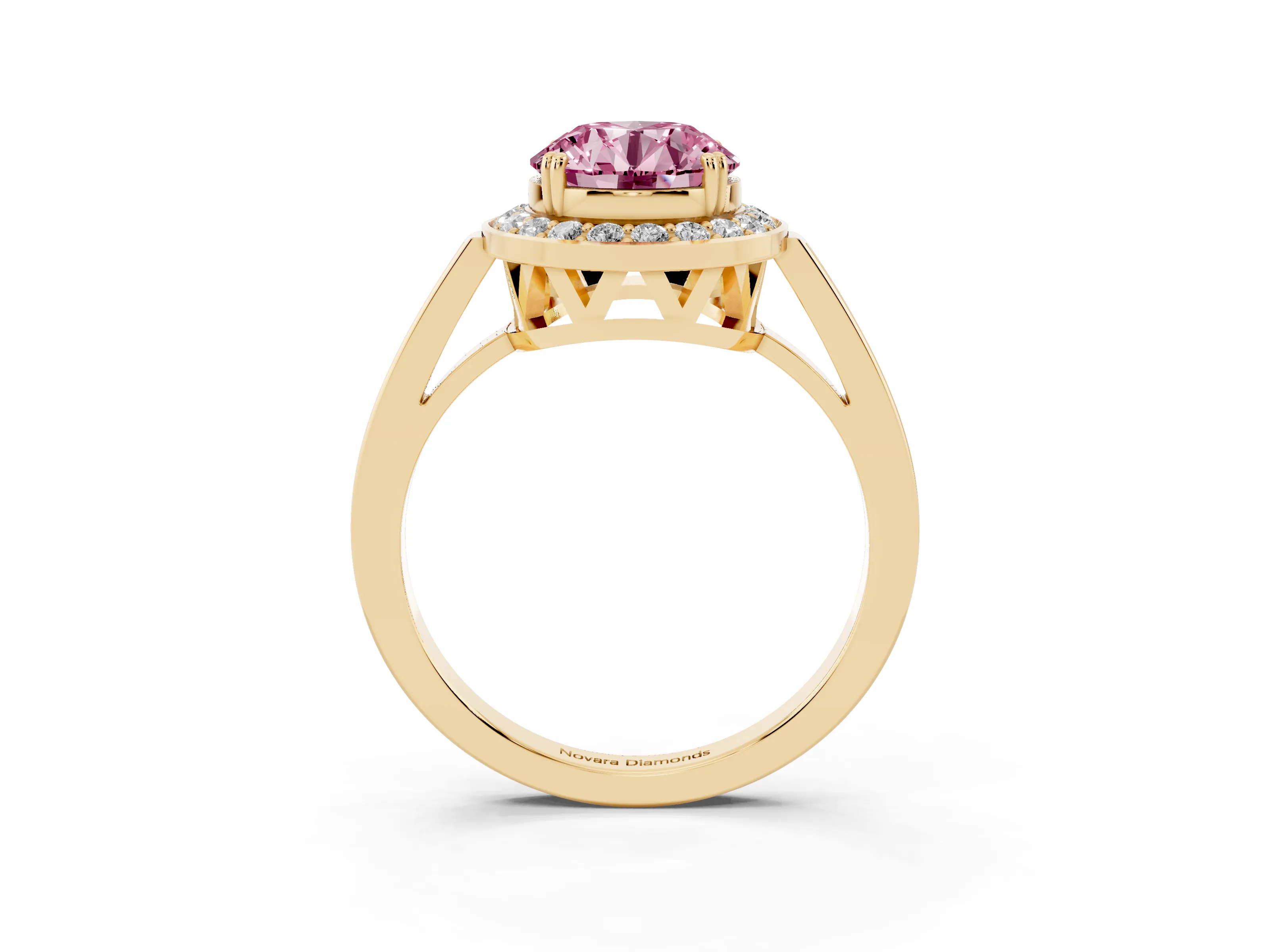 Fancy Pink Round Cut Diamond Halo Ring Set in Yellow gold with Accent-Lined Split Shank and Prong Setting