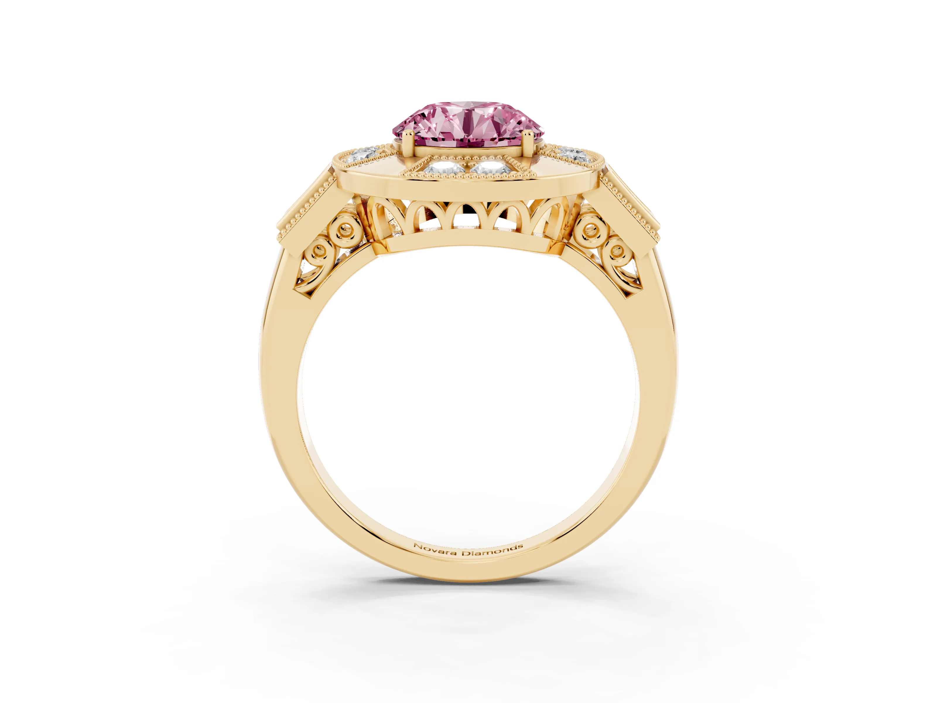 Fancy Pink Round Cut Diamond Milgrain Halo Ring Set in Yellow gold with Split Shank