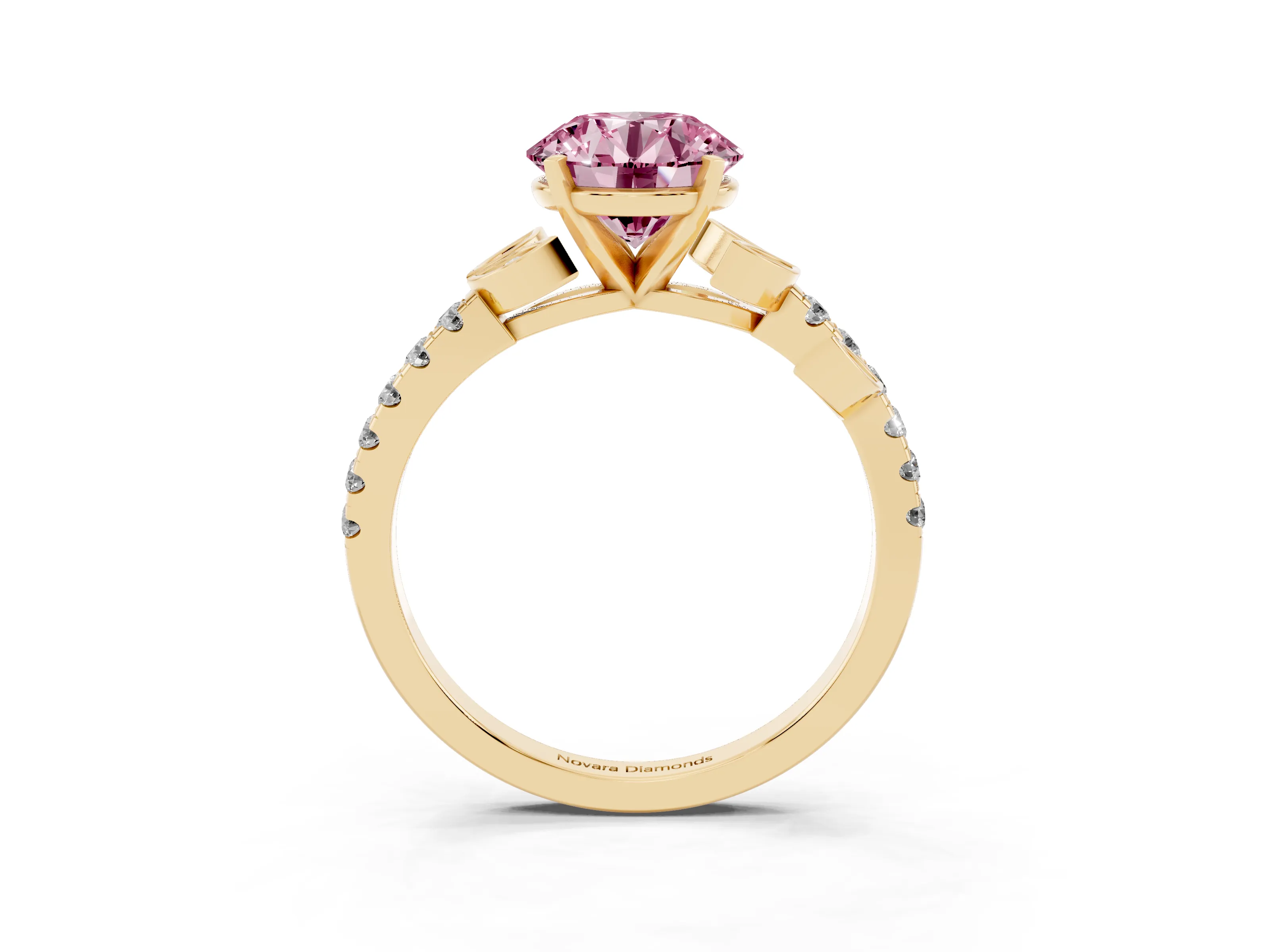 Fancy Pink Round Cut Diamond Solitaire Leaf-Inspired Ring Set in Yellow gold with Pavé Band and Prong Setting