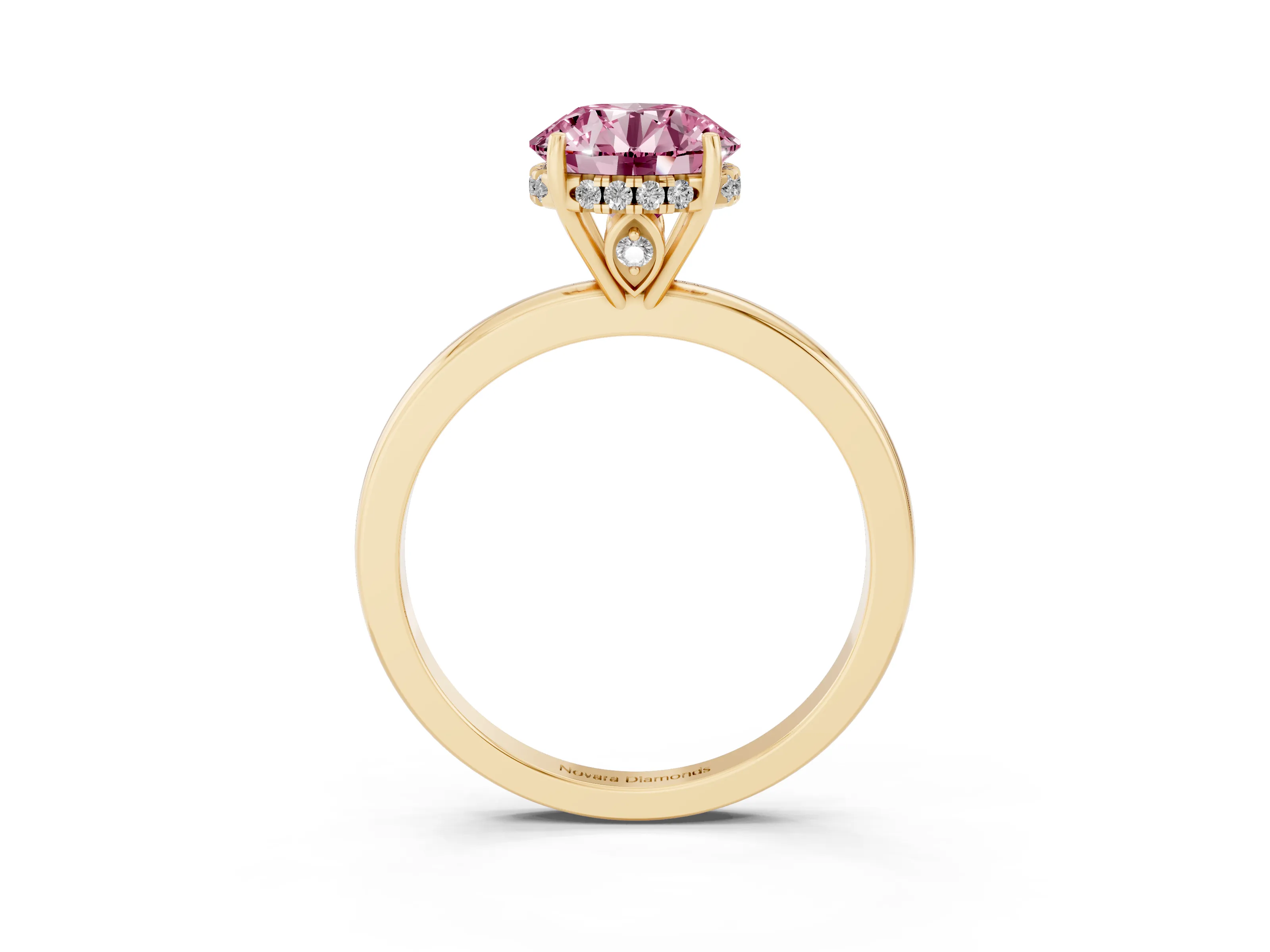 Fancy Pink Round Cut Diamond Solitaire Ring Set in Yellow gold with Plain Band and Prong Setting