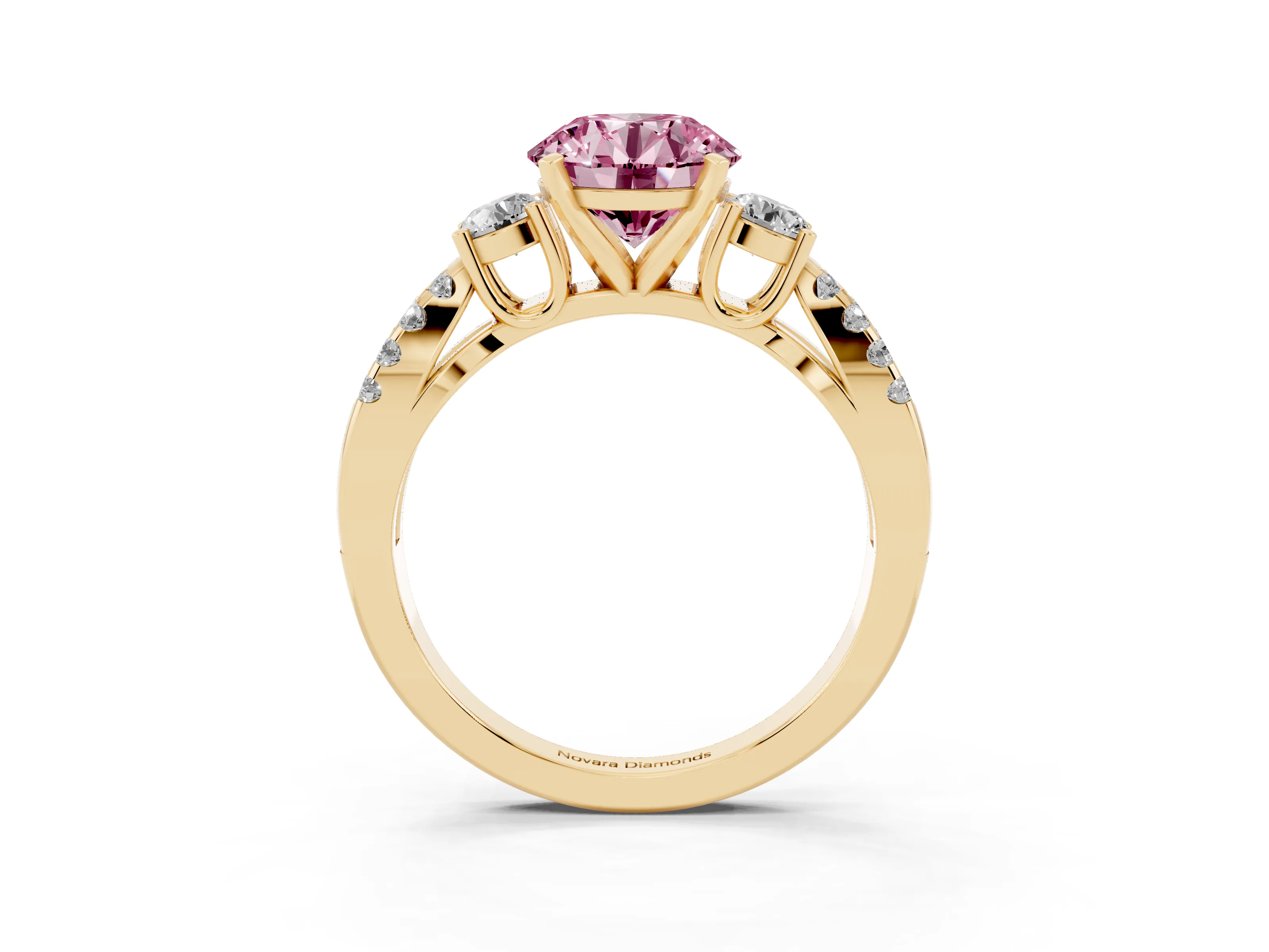 Fancy Pink Round Cut Diamond Three-Stone Ring Set in Yellow gold with Pavé Split Shank and Prong Setting