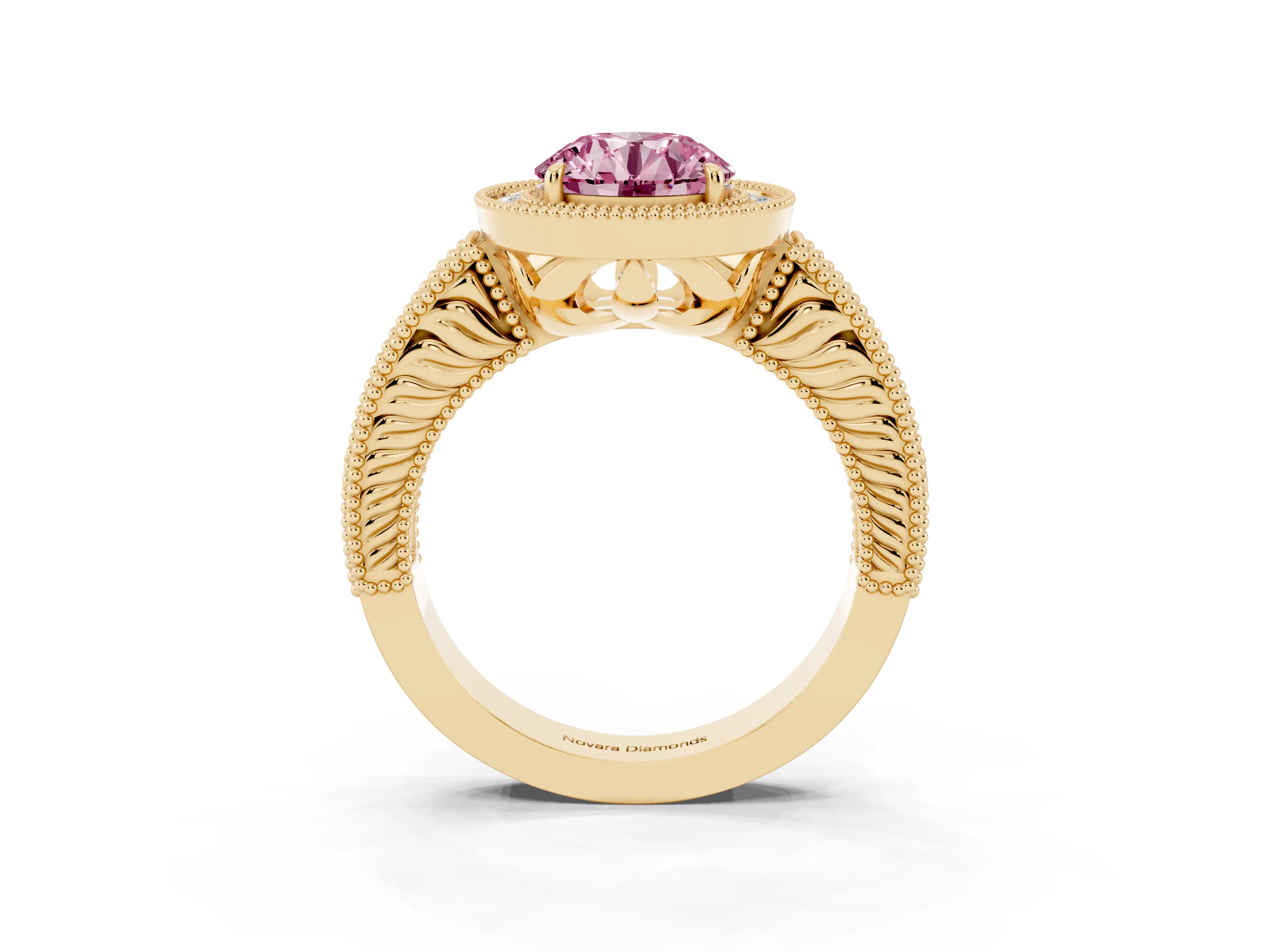 Fancy Pink Round Cut Diamond Halo Ring Set in Yellow gold with Round Accent Halo, Pavé Band and Prong Setting