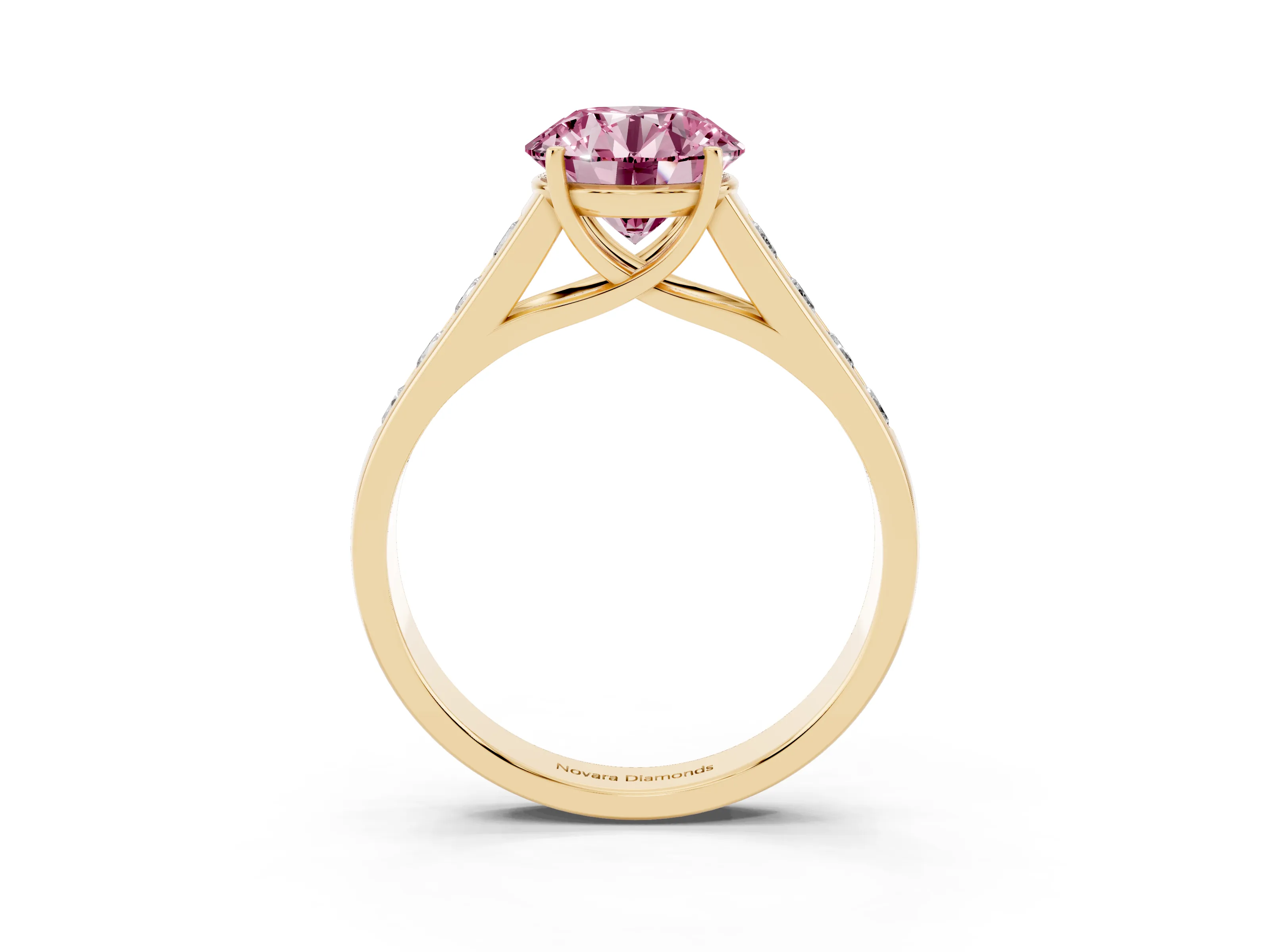 Fancy Pink Round Cut Diamond Solitaire Channel-Set Engagement Ring Set in Yellow gold with Prong Setting