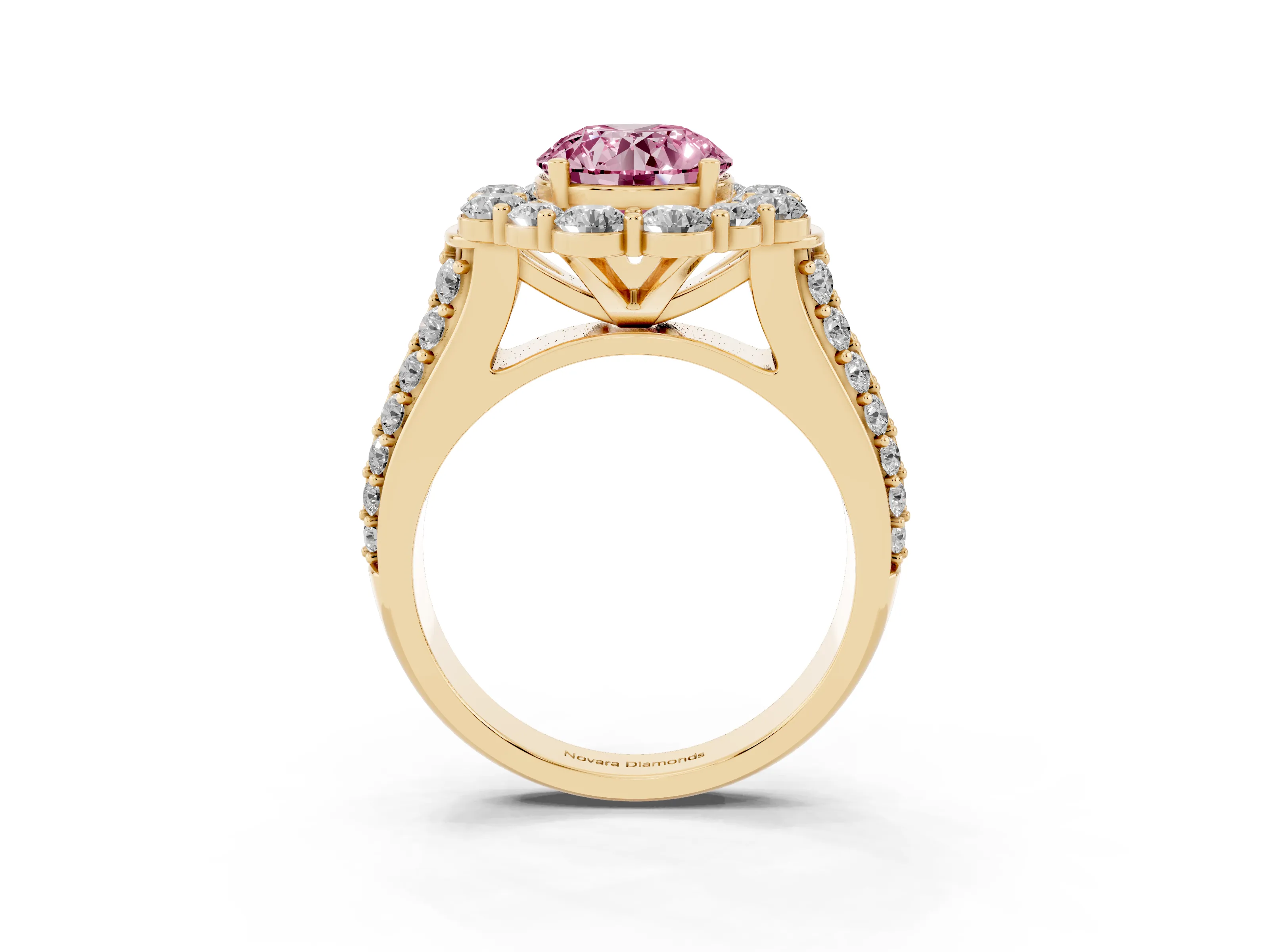 Fancy Pink Round Cut Diamond Halo Engagement Ring Set in Yellow gold with Split Shank and Prong Setting