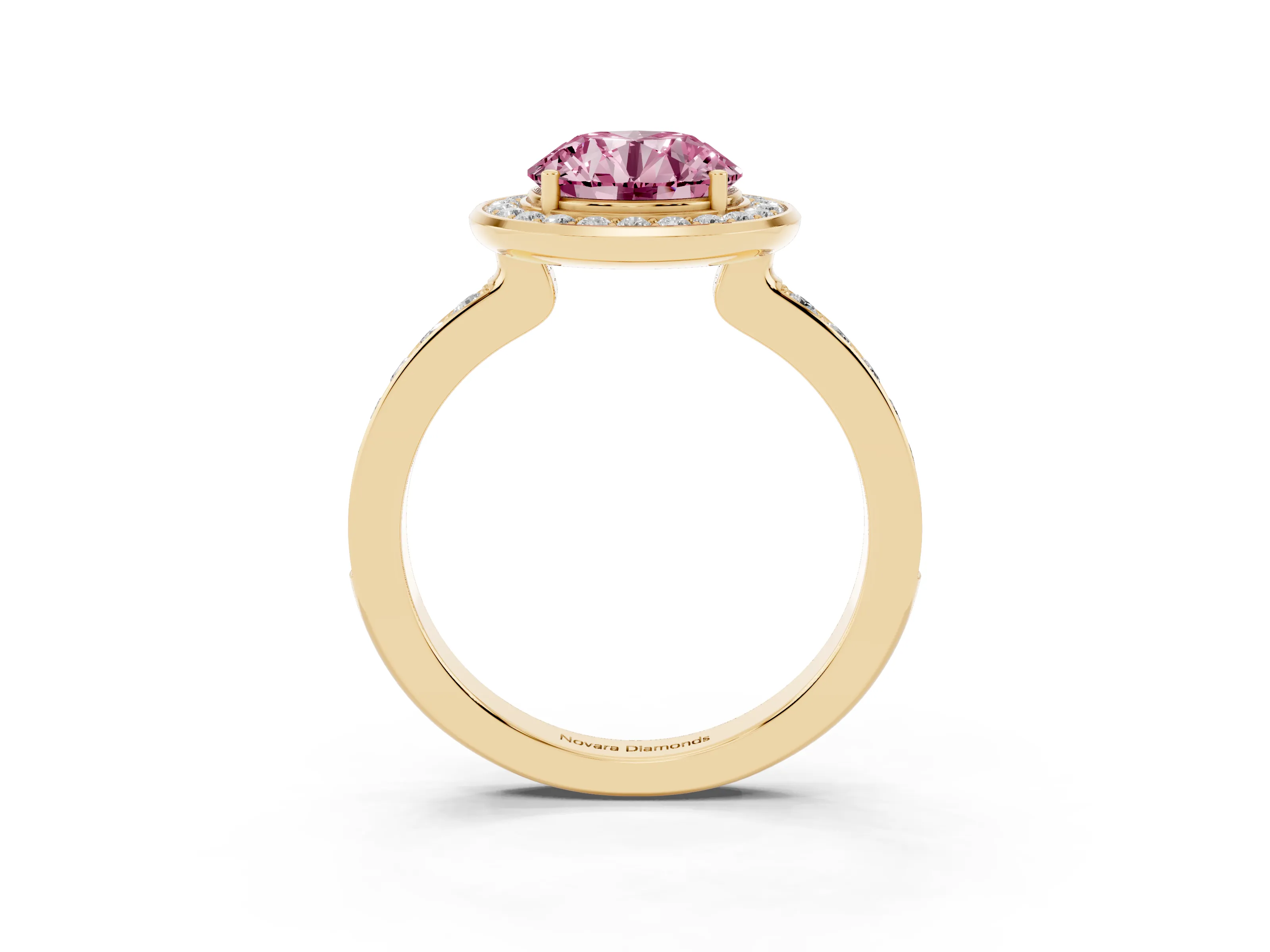 Fancy Pink Round Cut Diamond Halo Ring Set in Yellow gold with Bezel Frame and Pavé Band