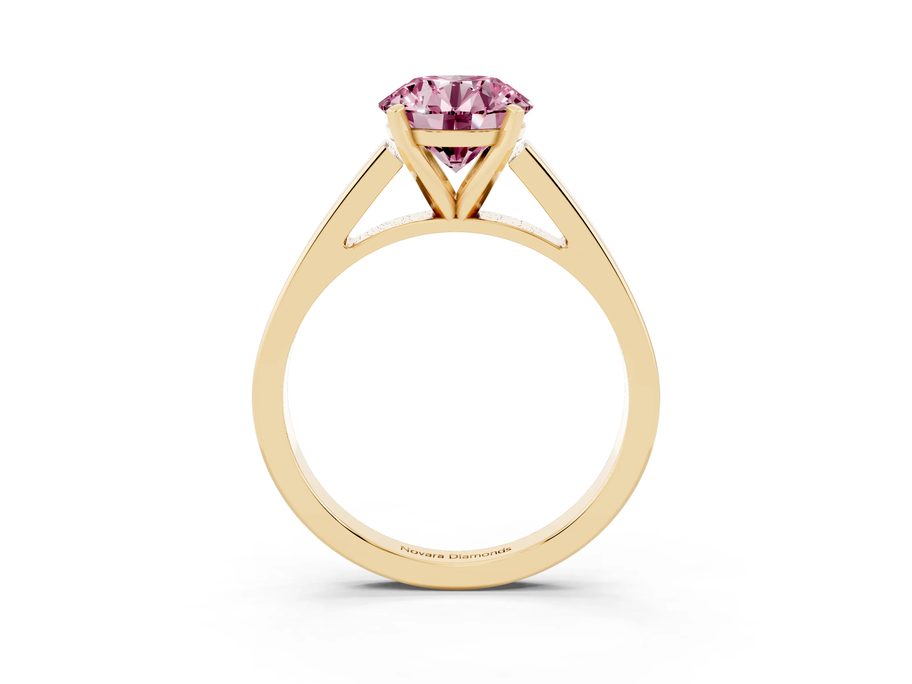 Fancy Pink Round Cut Diamond Solitaire Engagement Ring Set in Yellow gold with Prong Setting and Tapered Band