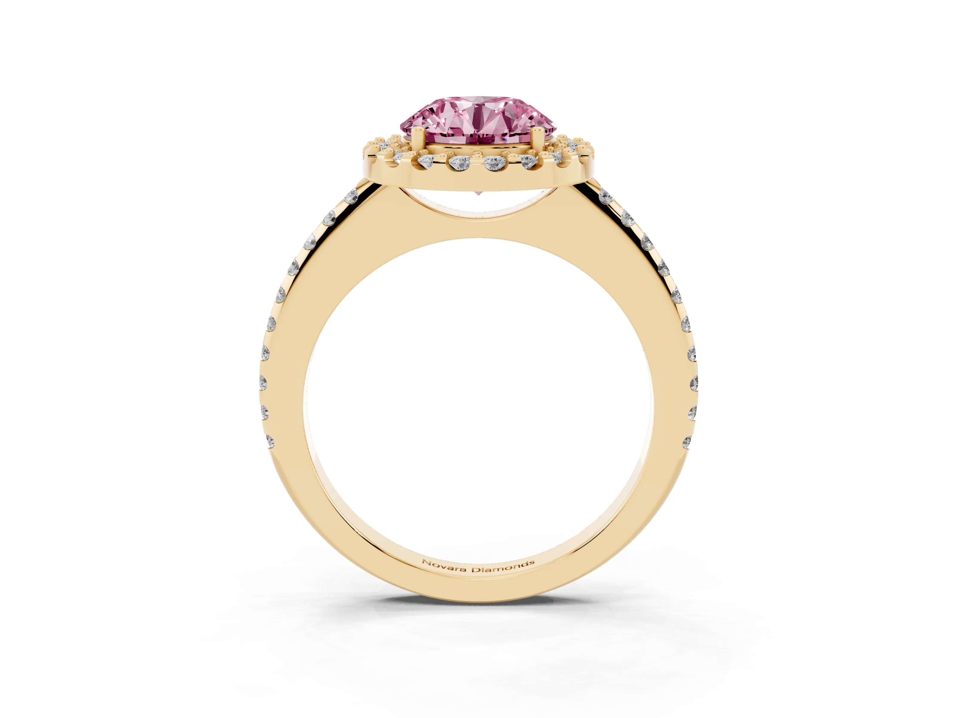 Fancy Pink Round Cut Diamond Pavé Halo Ring Set in Yellow gold with Prong Setting