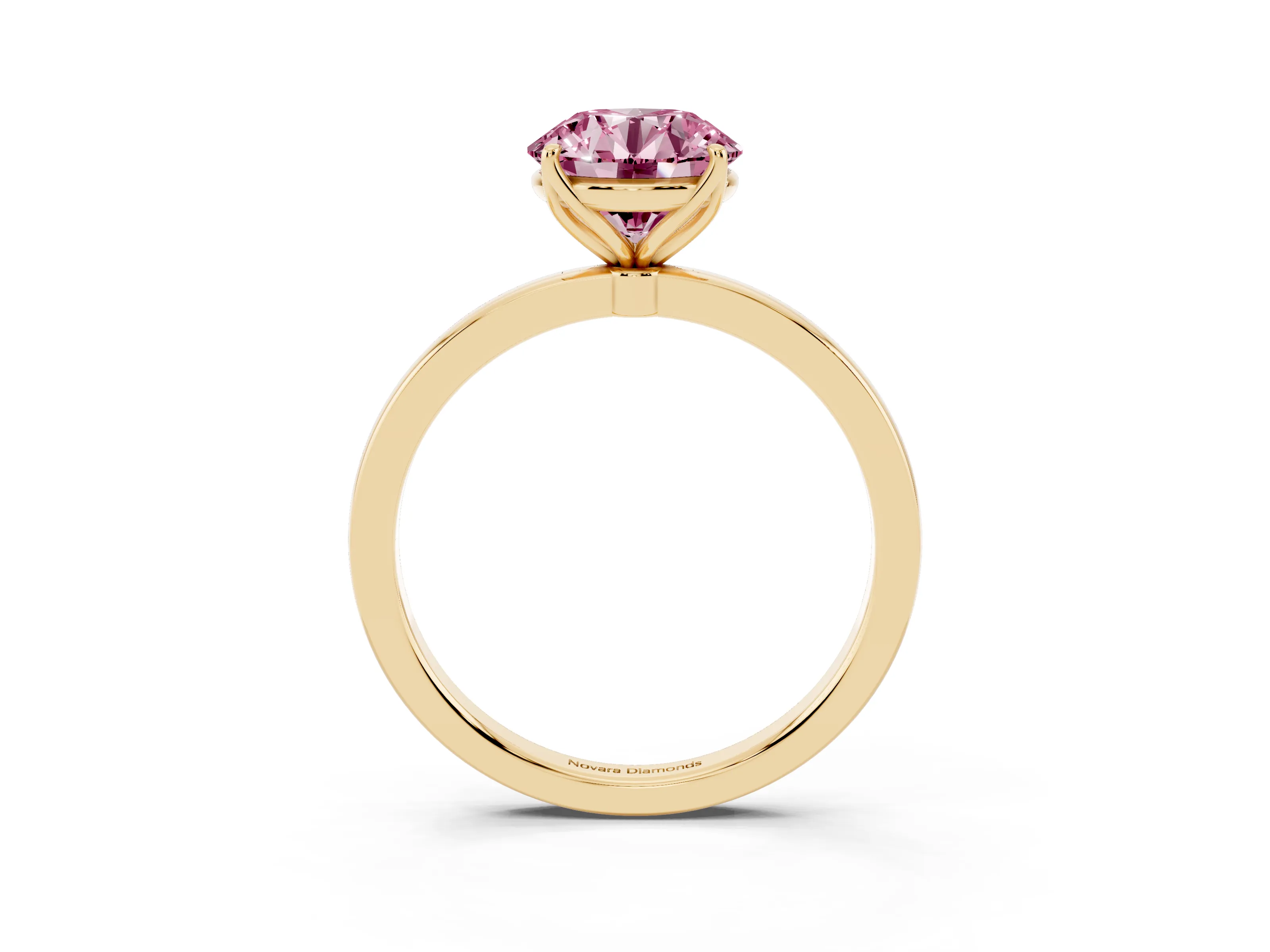 Fancy Pink Round Cut Diamond Solitaire Ring Set in Yellow gold with Prong Setting and Thin Polished Band